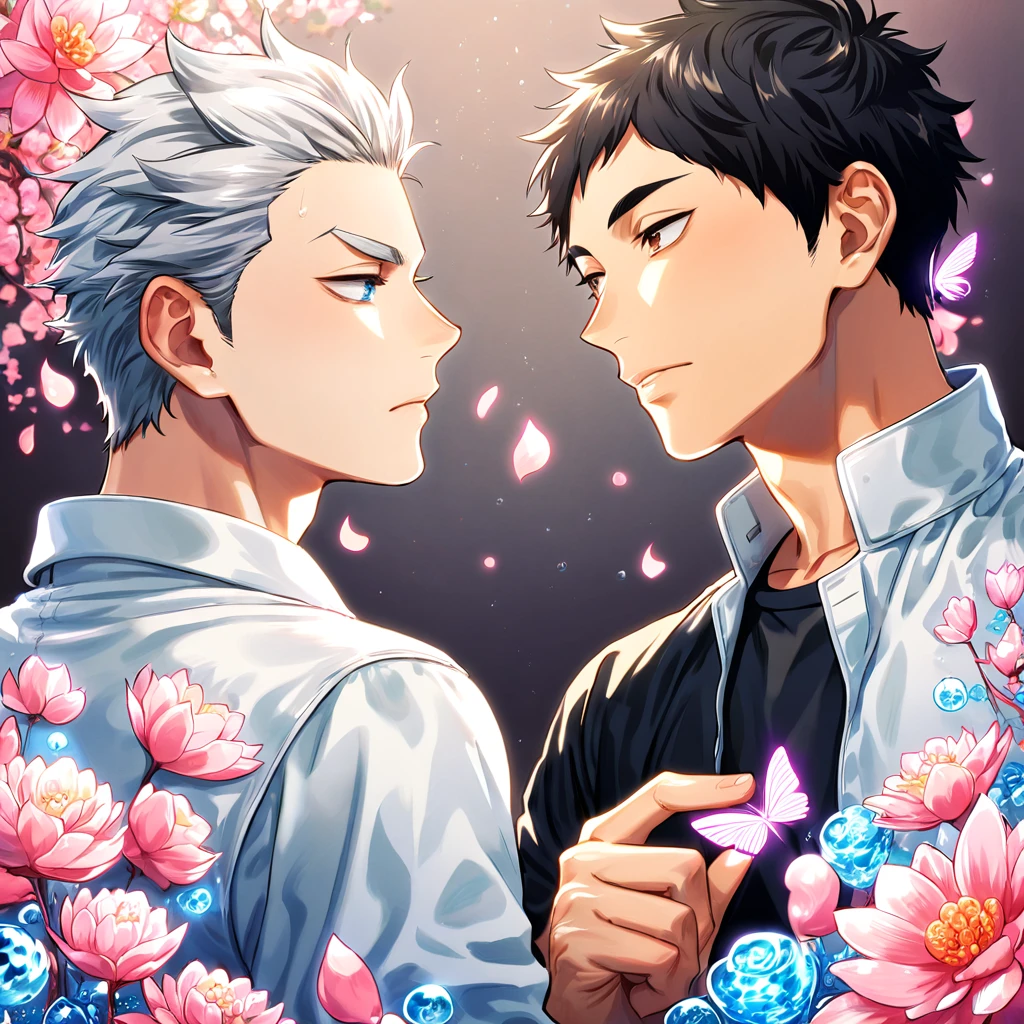 absurdres, highres, ultra detailed, HDR, master piece, best quality, Akaashi Keiji, black hair, expressive blue eyes, Haikyuu, Bokuto Kotaro, white hair black streaks, expressive brown eyes, two sexy men together, gay couple, yaoi, handsome, white coat, black T-shirt shirt, magical, fantasy, shining, water, pink flowers, pink blossoms, pink butterflies, pink petals