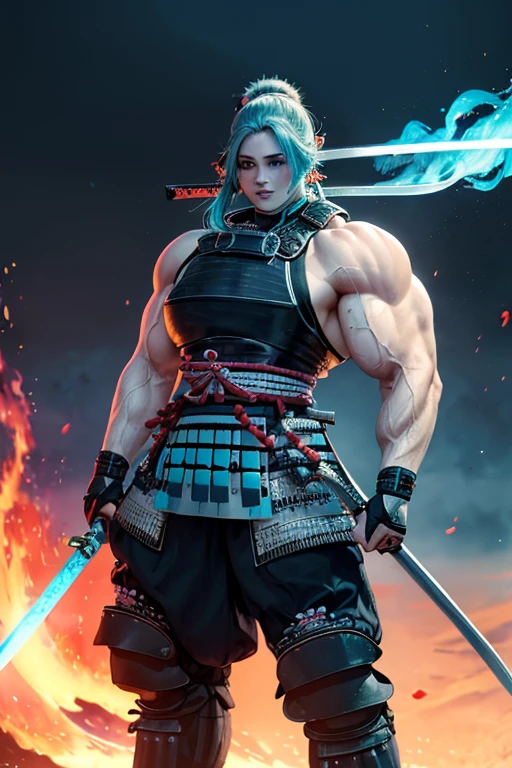 ((((Massive, tall, beautiful, buff, muscular pale white skinned female samurai with royal blue hair, black lipstick, ginormous bulky muscles, holding a royal blue fire sword and wearing an all royal blue samurai armor with pants)))), {close view}, black eyeliner, massive muscles, large breast, massive biceps, hyper muscle triceps, (long curly wavy hair), white eyes, samurai boots, In a battlefield, sleeveless, steel samurai armor, nighttime, confident smile, hyper muscles arms, hyper muscle legs, ginormous arms