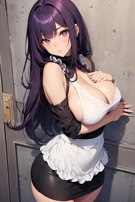 (Girl),(anime),(young),(woman with mature and hot body),(super plump breasts and big ass),+,(Skin color with super black ton),+,(African),(brown eyes),(height 1.76 ),(Long purple hair),(and pretty face),(hot body),(In a position with your butt facing forward and leaning against a wall),(wearing),+,(A maid outfit with a short and sexual pencil skirt and a classic black and white shoulder-baring outfit highlight her slender body and her breasts and a super short and sexual skirt and a cleavage Sexual)
