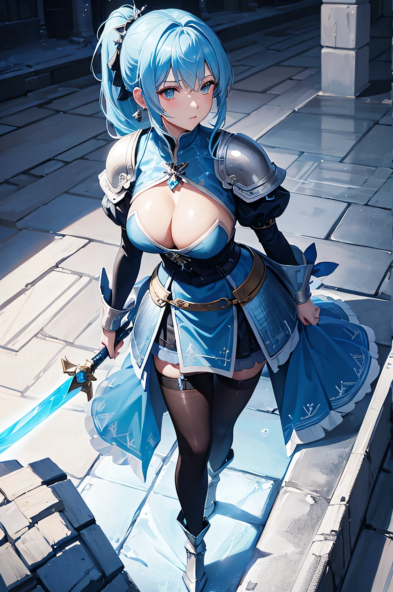 4k,High resolution,One Woman,Light blue hair,Short Ponytail,Big Tits,knight,Ice Crystal Armor,Ice Crystal Dress,knight&#39;s shoes,Black tights,Jewelry decoration,Long sword,Medieval castle town