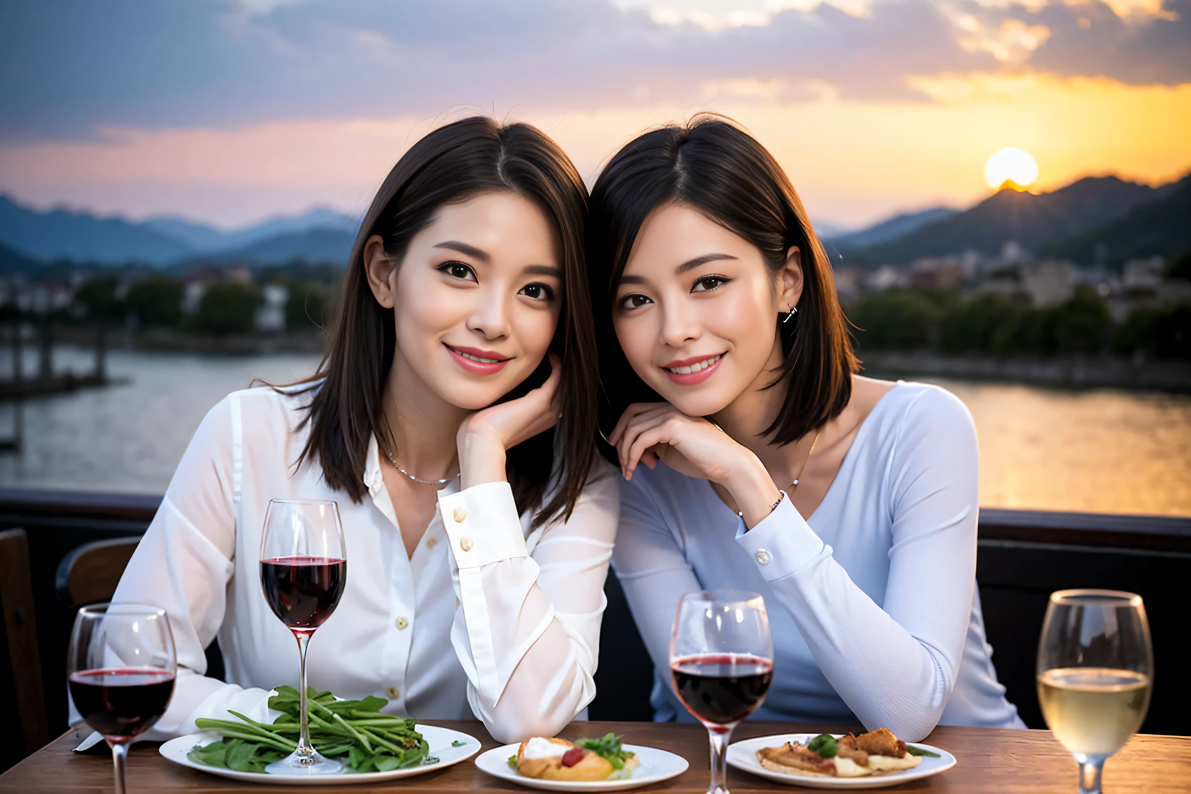 ((highest quality、8k、masterpiece:1.3))、1 male 1 female、Lovers、beautiful couple、Happy Smile、 (Slim face), (The body is スリム), (Brown Hair), (Shortcuts), ((Bob Hale、Straight hair:1.2)), Wine glass on the table、Please put light on my face、 Amazing view of the sunset sky and clouds、Amazing mountain views、The wonderfulness of smiles、Bright image、Blushing, Shortcuts,Bright Face、 (Age 35), 39 years old, red wine 、Appetizers、Italian food、Wine bottle、Champagne、sparkling wine、Long sleeve shirt、dress、Attractive beauty、restaurant, Nova Frog Style, actress, model, Upper Body, White wine, red wine, wine glass, 