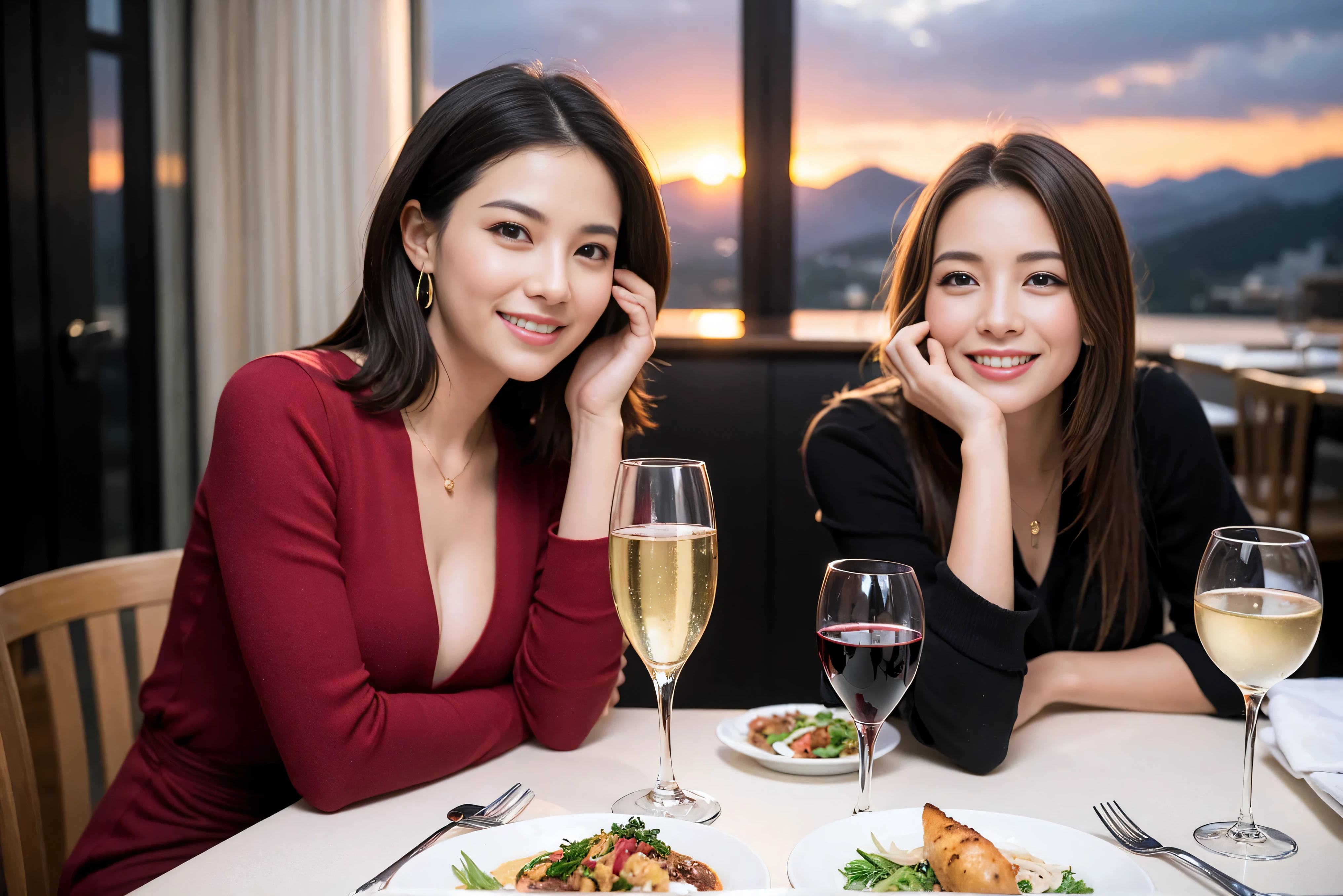 ((highest quality、8k、masterpiece:1.3))、1 male 1 female、Lovers、beautiful couple、Happy Smile、 (Slim face), (The body is スリム), (Brown Hair), (Shortcuts), ((Bob Hale、Straight hair:1.2)), Wine glass on the table、Please put light on my face、 Amazing view of the sunset sky and clouds、Amazing mountain views、The wonderfulness of smiles、Bright image、Blushing, Shortcuts,Bright Face、 (Age 35), 39 years old, red wine 、Appetizers、Italian food、Wine bottle、Champagne、sparkling wine、Long sleeve shirt、dress、Attractive beauty、restaurant, Nova Frog Style, actress, model, Upper Body, White wine, red wine, wine glass, 