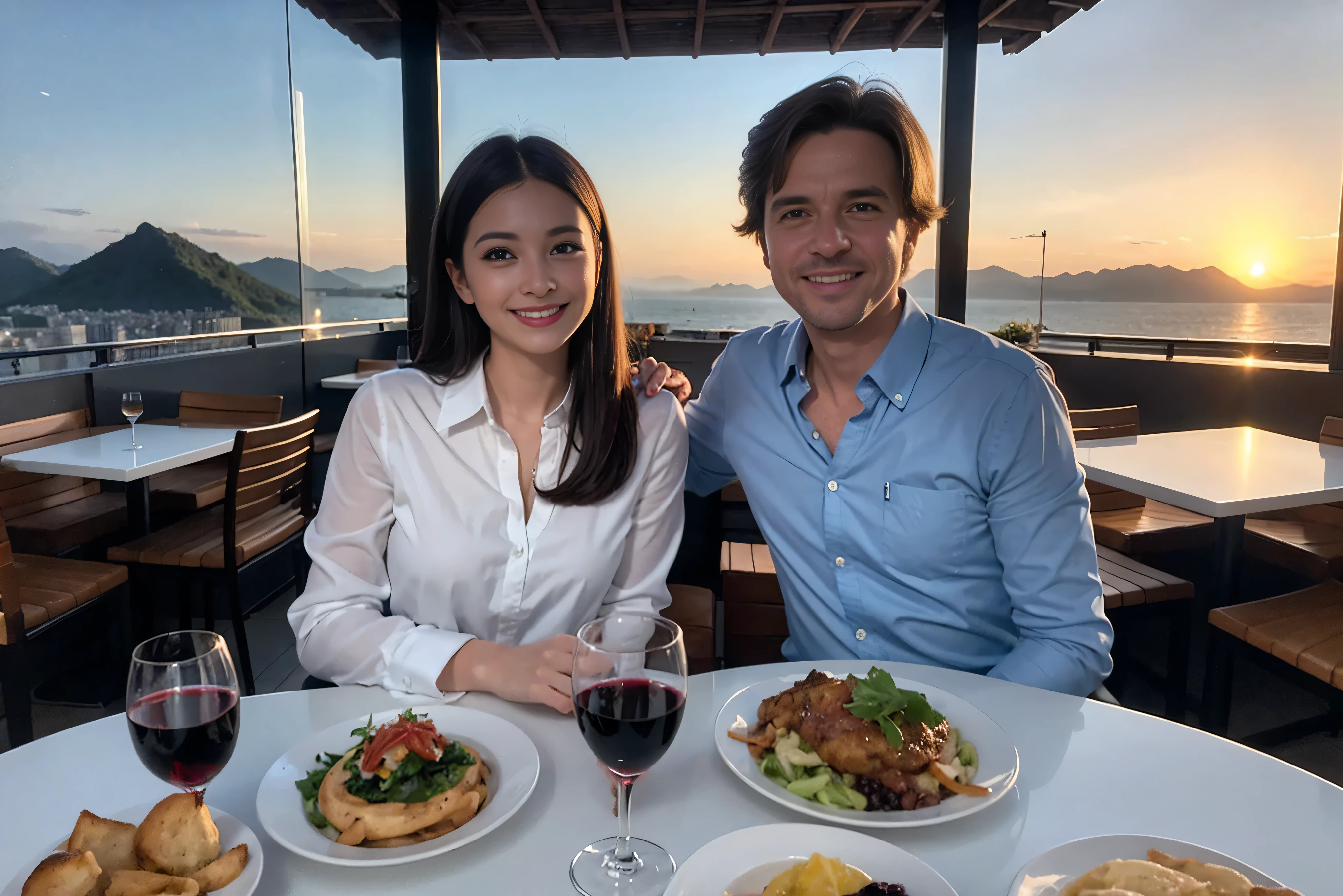 ((highest quality、8k、masterpiece:1.3))、1 male 1 female、Lovers、beautiful couple、Happy Smile、 (Slim face), (The body is スリム), (Brown Hair), (Shortcuts), ((Bob Hale、Straight hair:1.2)), Wine glass on the table、Please put light on my face、 Amazing view of the sunset sky and clouds、Amazing mountain views、The wonderfulness of smiles、Bright image、Blushing, Shortcuts,Bright Face、 (Age 35), 39 years old, red wine 、Appetizers、Italian food、Wine bottle、Champagne、sparkling wine、Long sleeve shirt、dress、Attractive beauty、restaurant, Nova Frog Style, actress, model, Upper Body, White wine, red wine, wine glass,