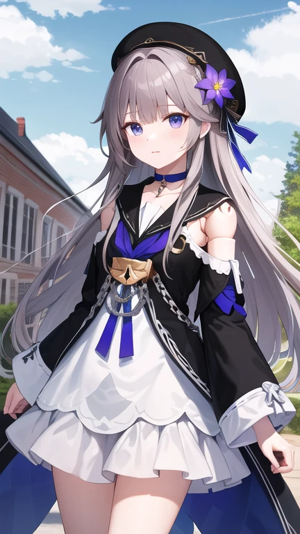 masterpiece, best quality, highres, aaherta, long hair, grey hair, hair flower, beret, black headwear, joints, choker, key, sailor collar, shoulder cutout, white dress, detached sleeves, standing, cowboy shot, outdoors