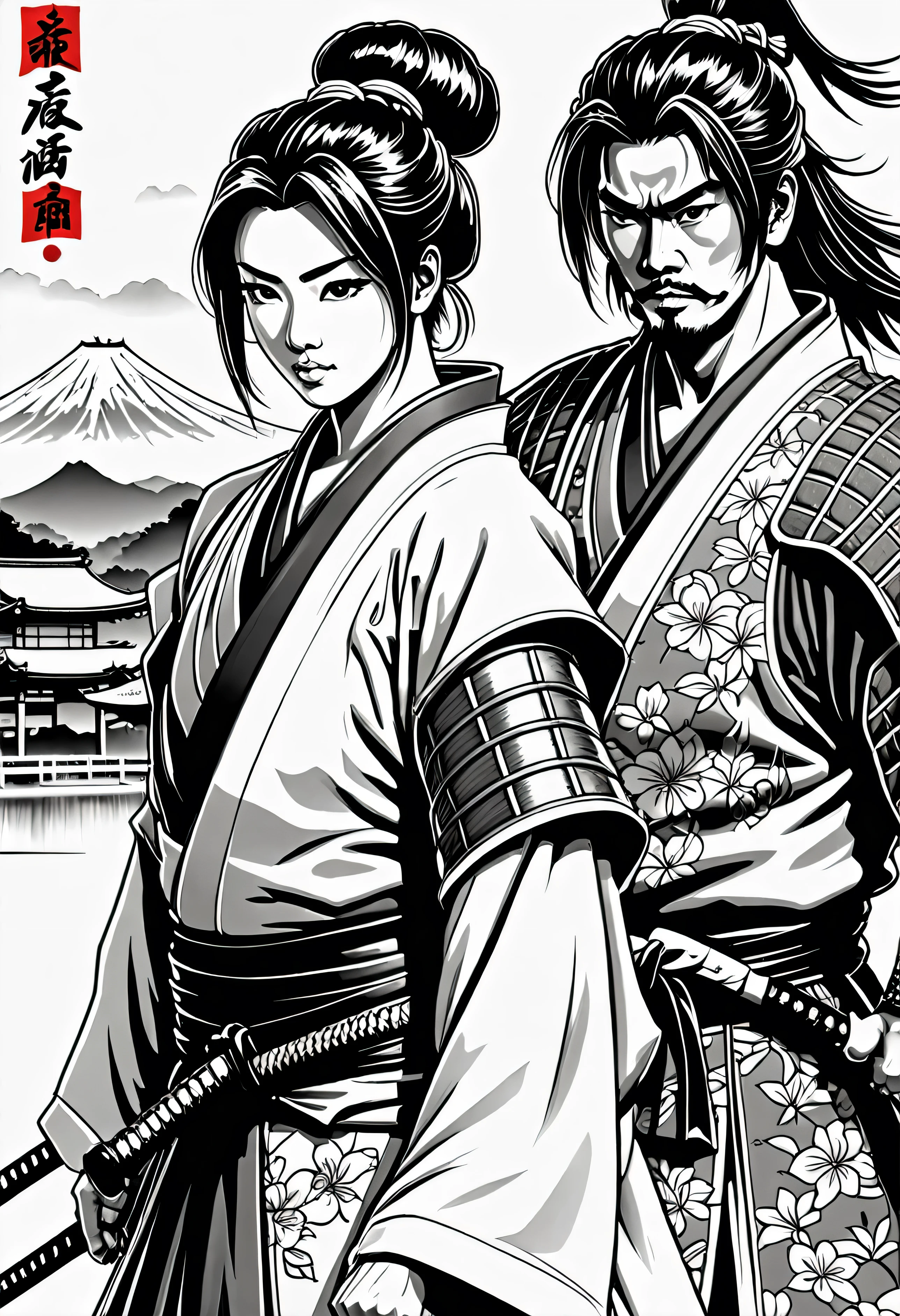 Pau preto e branco, sua arte em tinta fina, comic style, portrait of japan, Samurai and gueixa, japanese couple, Glamour de Osaka, bela arte de linha, black and white comic style, manga style, manga art style, pencil and ink caricature drawing, black and white coloring, cabelo branco, other positions, cabelo branco, cabelo loiro, preto e branco, sem tons de cinza, corpo inteiro. Japan Background, Samurai and gueixa, casal