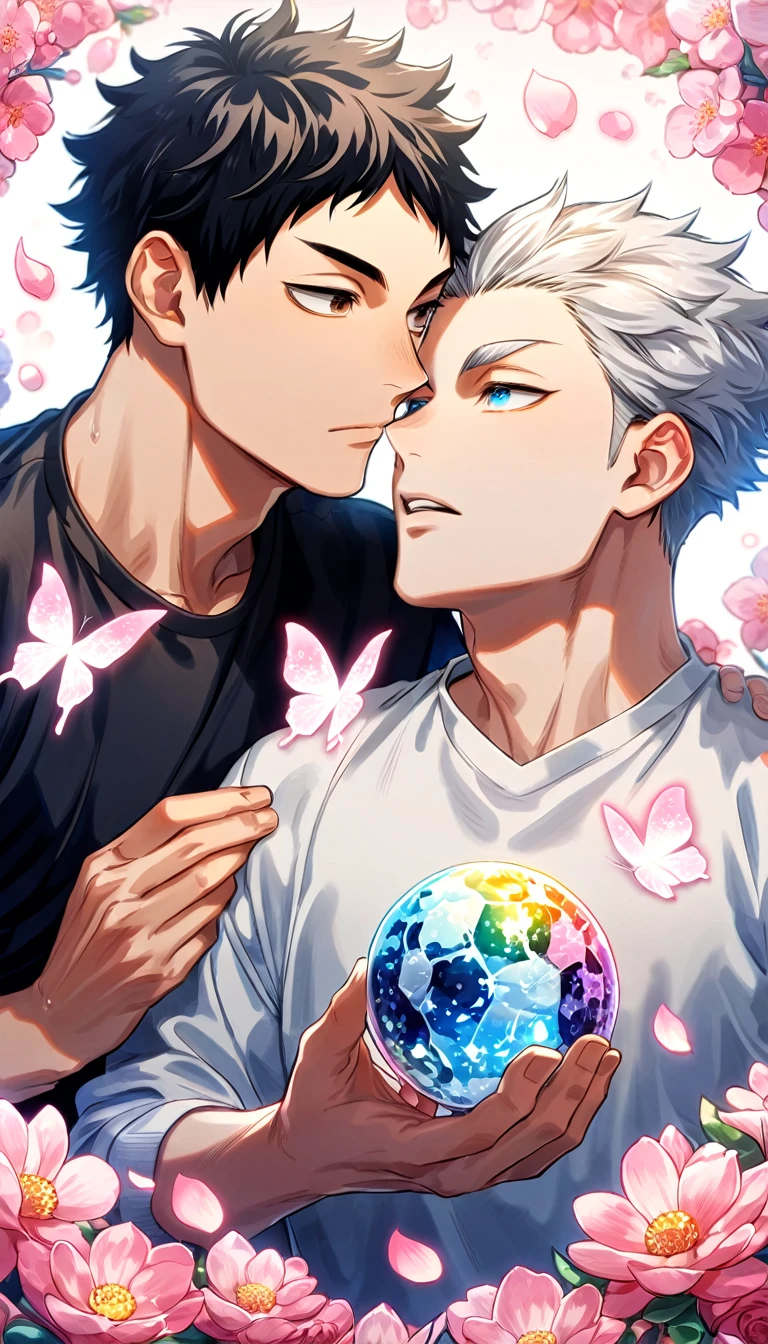 absurdres, highres, ultra detailed, HDR, master piece, best quality, Akaashi Keiji, black hair, expressive blue eyes, Haikyuu, Bokuto Kotaro, white hair black streaks, expressive brown eyes, two sexy men together, gay couple, yaoi, handsome, white coat, black T-shirt shirt, magical, fantasy, shining, water, pink flowers, pink blossoms, pink butterflies, pink petals