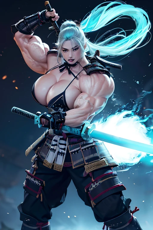 ((((Massive, tall, beautiful, buff, muscular pale white skinned female samurai with cyan hair, black lipstick, ginormous bulky muscles, holding a cyan fire sword and wearing an all cyan samurai armor with pants)))), {close view}, black eyeliner, massive muscles, large breast, massive biceps, hyper muscle triceps, (long beachy hair), purple eyes, samurai boots, In a battlefield, sleeveless, steel samurai armor, nighttime, confident smile, hyper muscles arms, hyper muscle legs, ginormous arms