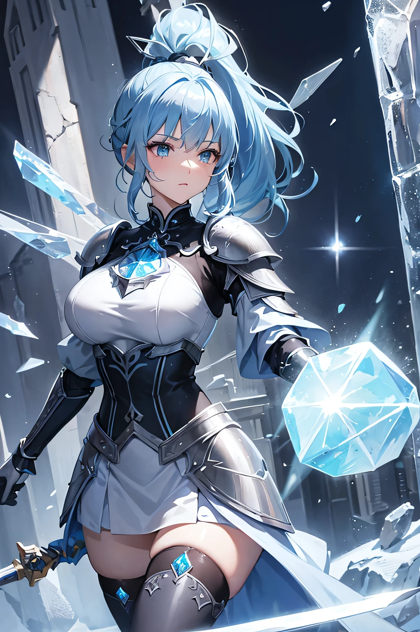4k,High resolution,One Woman,Light blue hair,Short Ponytail,large areolae,knight,Ice Crystal Armor,Ice Crystal Dress,knight's shoes,Black tights,Jewelry decoration,Long sword,Medieval castle town