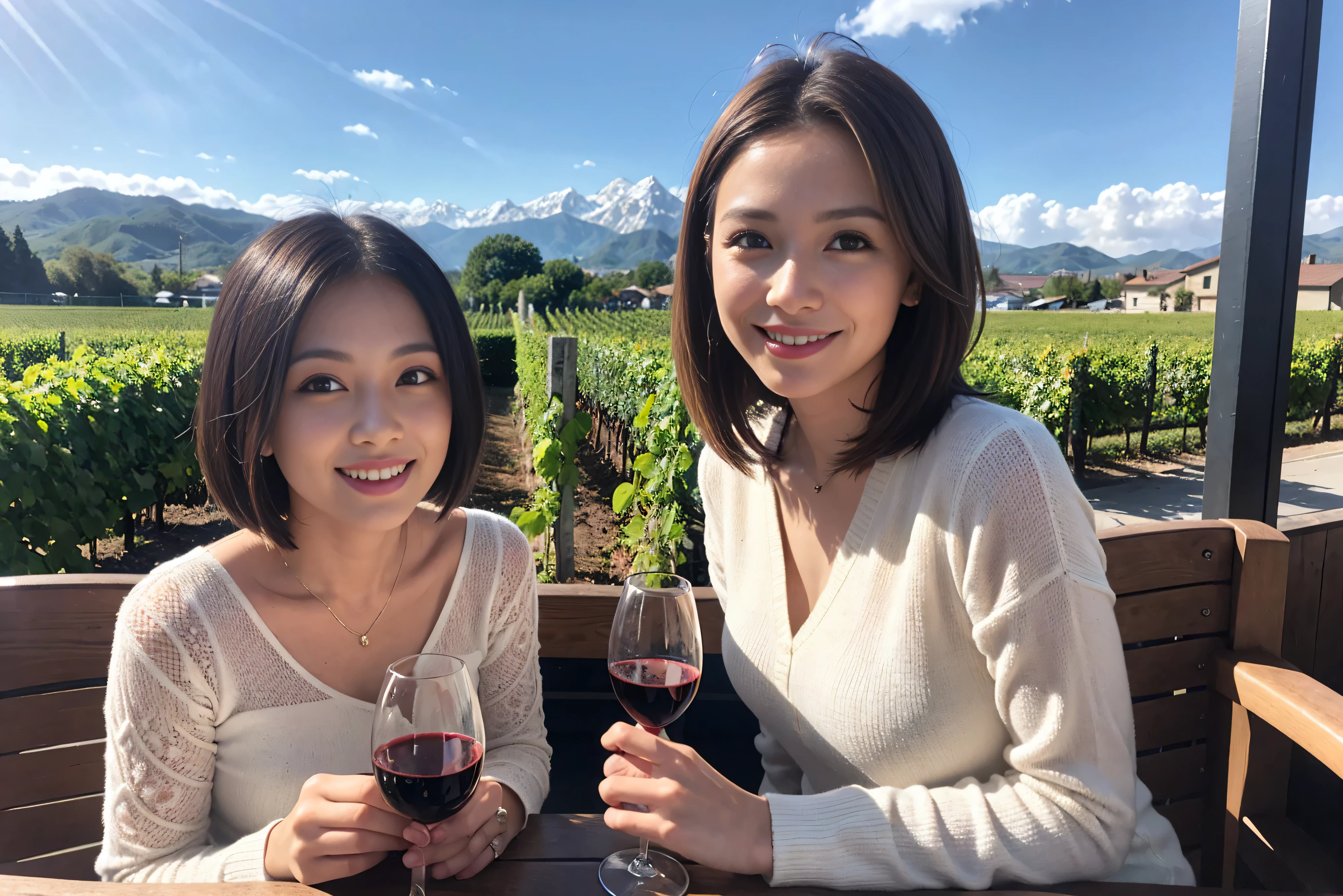 ((highest quality、8k、masterpiece:1.3))、1 male 1 female、Couple、Spouse、Couple、The body is slim、((Bob Hale、Straight hair:1.2)), (Realistic, Intricate details:1.2), Wine glass on the table、Put the light on your face、 Amazing view of the sunset sky and clouds、Amazing mountain views、A bright smile、The wonderfulness of smile、Bright image、The beauty of wine, Beautiful Face, blue eyes, The light shines on your face, Blushing, short hair,Bright Face、 (Age 37), 39 years old, red wine 、Appetizers、Italian food、Wine bottle、Champagne、sparkling wine、Two beauties、Brown Hair、Shortcuts、Long sleeve shirt、dress、Pretty Woman 1, (Slim face), (The body is slim), (Brown Hair), (Shortcuts), cheeks turn a little red,Attractive beauty、restaurant, In a prominent place (From the waist up) Nova Frog Style, actress, model, Upper Body, White wine, slim, wine glass, A wine glass placed in the center, smile, (smile: 1.15), Beautiful fine grain, Depth f/2,saturation, High Contrast, Strong light and shadow,Moist Body:1.5、3D texture、Delicate eyes、Brown Hair、The hair is very shiny、