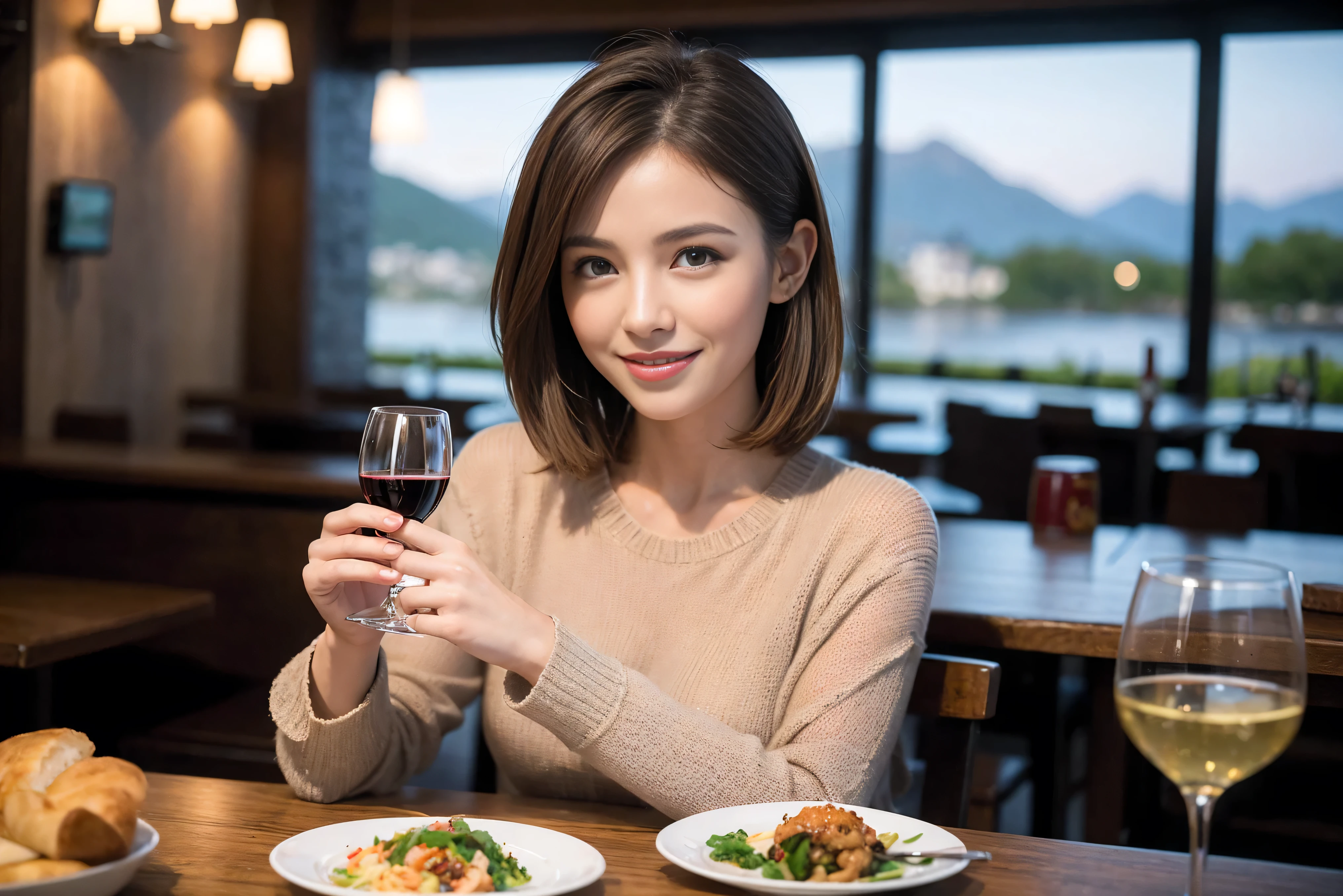 ((highest quality、8k、masterpiece:1.3))、1 male 1 female、Couple、Spouse、Couple、The body is slim、((Bob Hale、Straight hair:1.2)), (Realistic, Intricate details:1.2), Wine glass on the table、Put the light on your face、 Amazing view of the sunset sky and clouds、Amazing mountain views、A bright smile、The wonderfulness of smile、Bright image、The beauty of wine, Beautiful Face, blue eyes, The light shines on your face, Blushing, short hair,Bright Face、 (Age 37), 39 years old, red wine 、Appetizers、Italian food、Wine bottle、Champagne、sparkling wine、Two beauties、Brown Hair、Shortcuts、Long sleeve shirt、dress、Pretty Woman 1, (Slim face), (The body is slim), (Brown Hair), (Shortcuts), cheeks turn a little red,Attractive beauty、restaurant, In a prominent place (From the waist up) Nova Frog Style, actress, model, Upper Body, White wine, slim, wine glass, A wine glass placed in the center, smile, (smile: 1.15), Beautiful fine grain, Depth f/2,saturation, High Contrast, Strong light and shadow,Moist Body:1.5、3D texture、Delicate eyes、Brown Hair、The hair is very shiny、