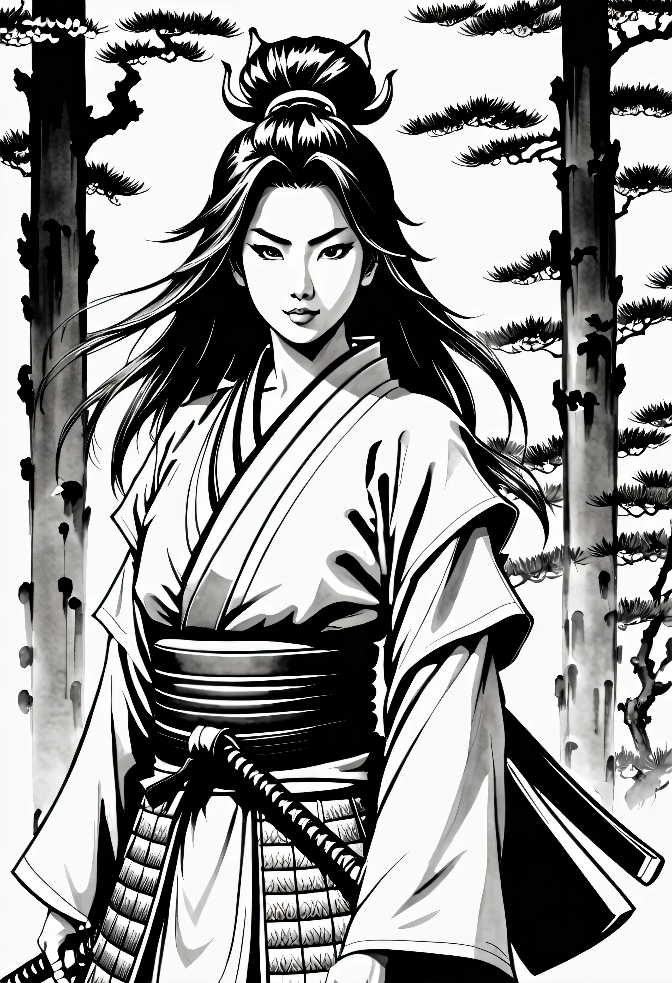 Pau preto e branco, sua arte em tinta fina, comic style, portrait of japan, Samurai and gueixa, japanese couple, Glamour de Osaka, bela arte de linha, black and white comic style, manga style, manga art style, pencil and ink caricature drawing, black and white coloring, cabelo branco, other positions, cabelo branco, cabelo loiro, preto e branco, sem tons de cinza, corpo inteiro. Japan Background, Samurai and gueixa, casal