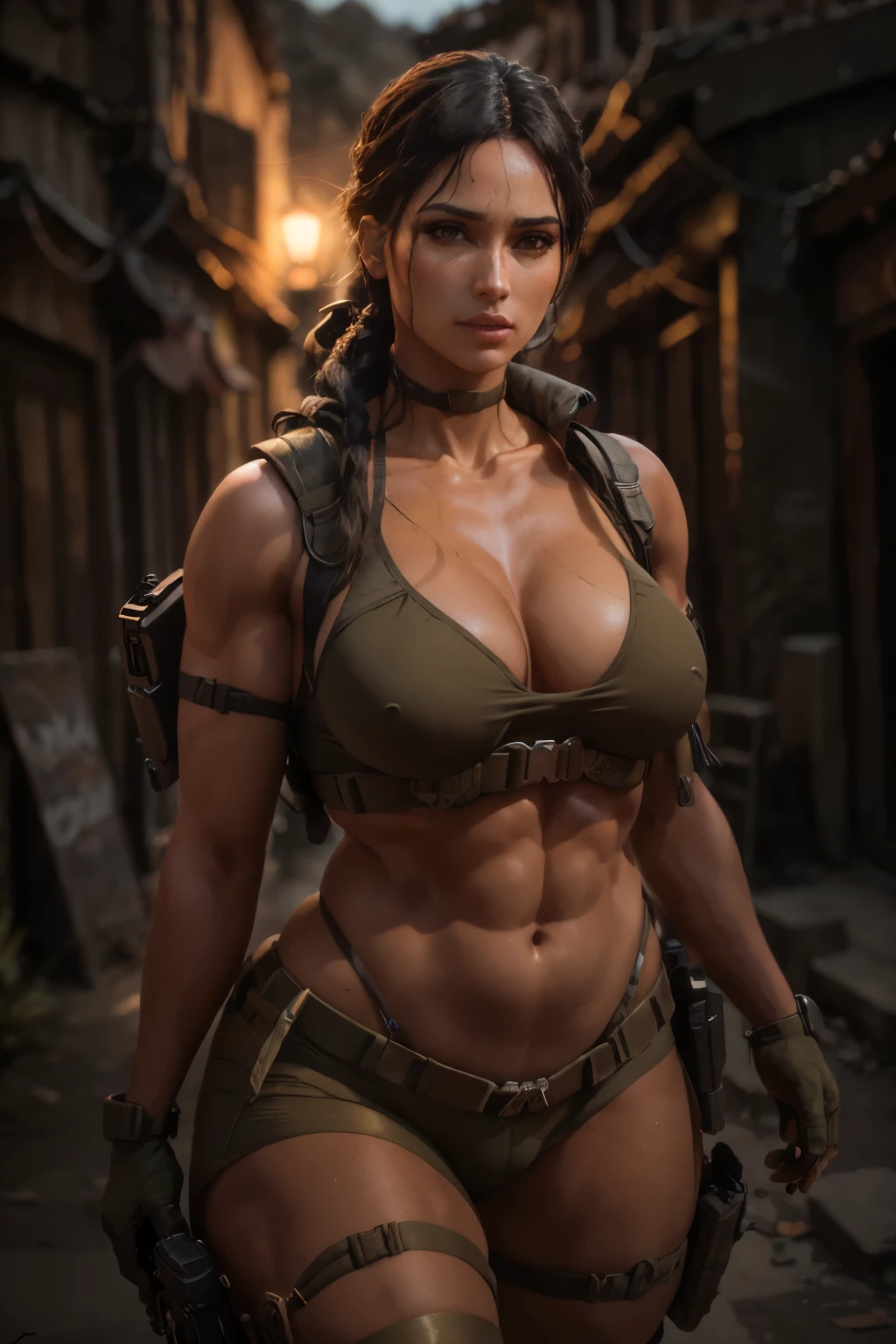 octan render, HDR, (hiperdetalhado:1.3), (luz suave frontal, Sharp:1.2), Beautiful (Lara Croft:1) em uma rua, rosto detalhado, sarda no rosto, corpo perfeito, abdominais; 1.1, seios pendurados, seios enormes, decote aberto, bunda grande, curvas definidas, sardas no rosto, gostosa, cinematografia, maximum details, cores neutras, HDR, soft Cinematic Light, detalhes insanos, ((Filtro realista)), (look-at-camera), (pernas tonificadas), (seios perfeitos),random view, (quadril regular), ((puxe a tanga)), tactical, (colete: 1.2 ), militar, (clivagem)