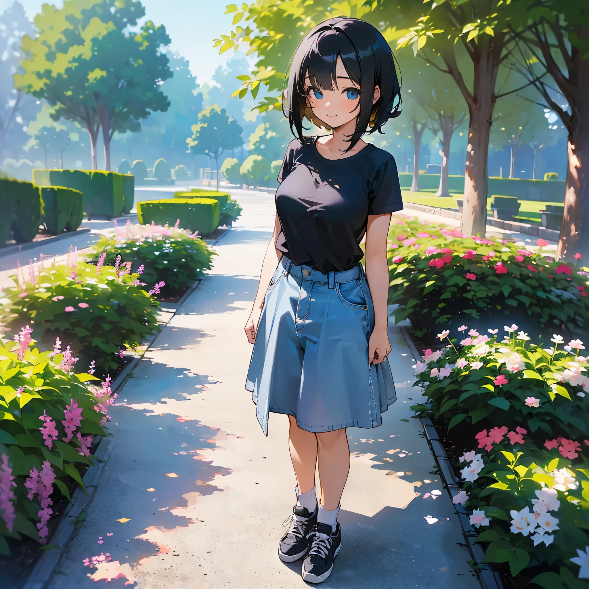(high quality, High resolution, Very detailed, reality:1.37), Peaceful atmosphere, (Outdoor, garden), Teenage girl standing alone, (my breasts are big.), Beautiful details, Cute Smile, (Black bob hair), Short sleeve shirt, Denim skirt, Blue socks, sneakers.