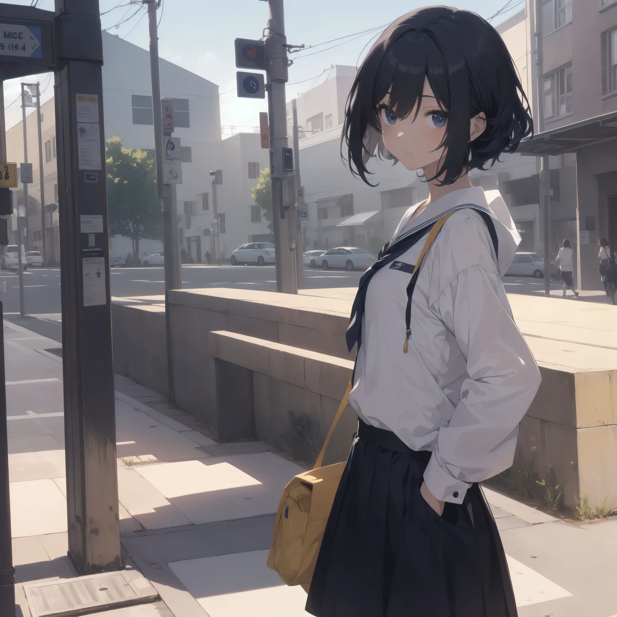 ultra-absurdres-Top quality by artist God, ultra-detailed, high resolution, anime moe artstyle, best anime 8k konachan wallpaper, pixiv contest winner, pool:2810, perfect anatomy,break, 1girl, (Please draw a girl walking sleepily to school alone. )break,(Solo,little female, 13-year-old:1.3),Full limbs, complete fingers,a junior high school student, (very short hair), short cut, flat chest, , small butt, small black eyes, beautiful detailed eyes, well-proportioned iris and pupils, expressive eyes, highres detailed hair, soft expression, salor school_uniform, sailor collar, serahuku, bow, pleated skirt,(Detailed Lighting), (Detailed background), in the School commute route. break,super detailed skin, Best cinematic lighting powered by famous artist, 8k,beauty illustration,photoshop_(medium),very aesthetic,break,((artist:koyama_shigeru )), artist:clamp ,artist:carnelian ,artist:kantoku ,