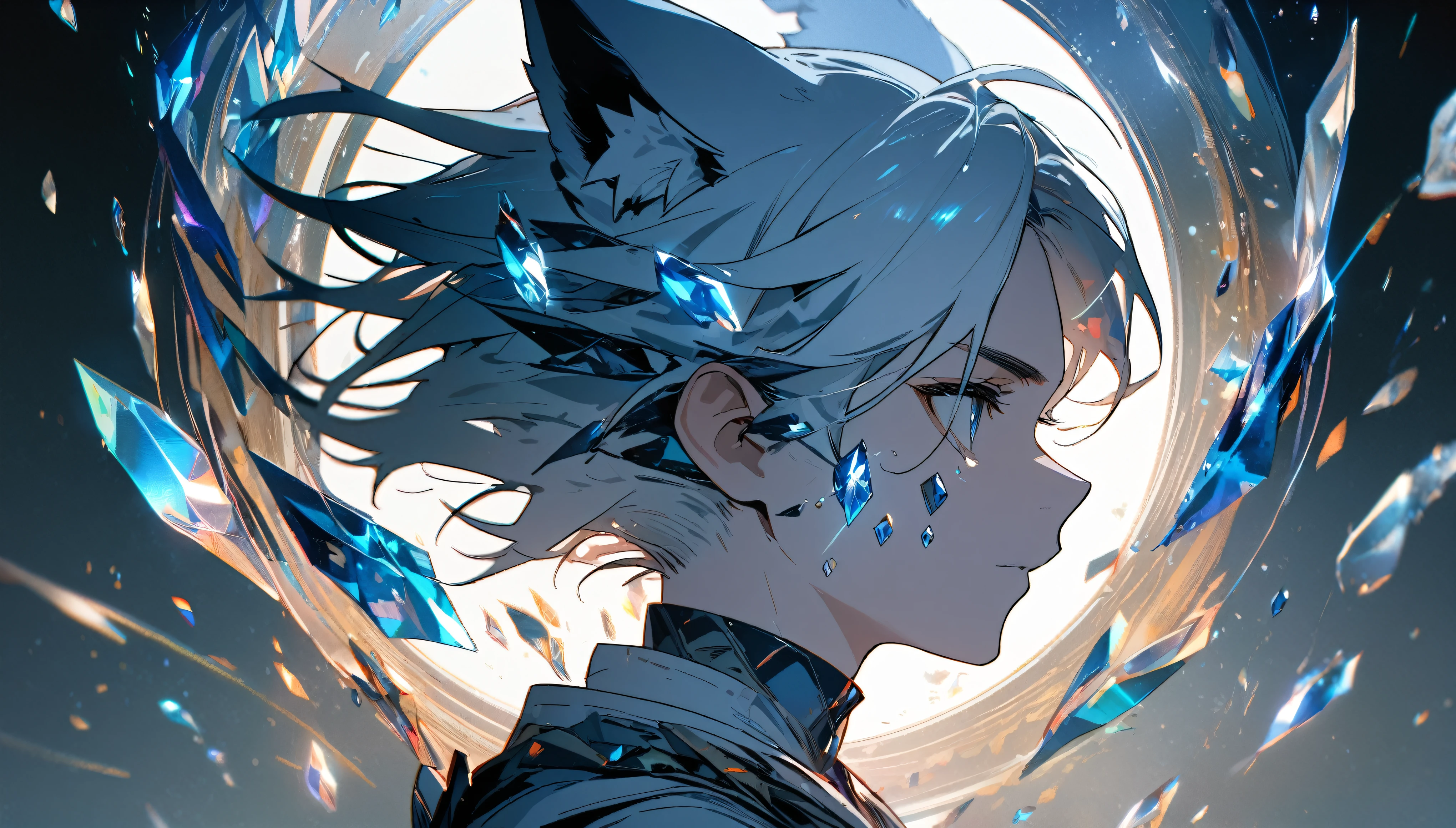 1boy, facial profile, 8k, a white wolf ear boy, crystals floating in a circle