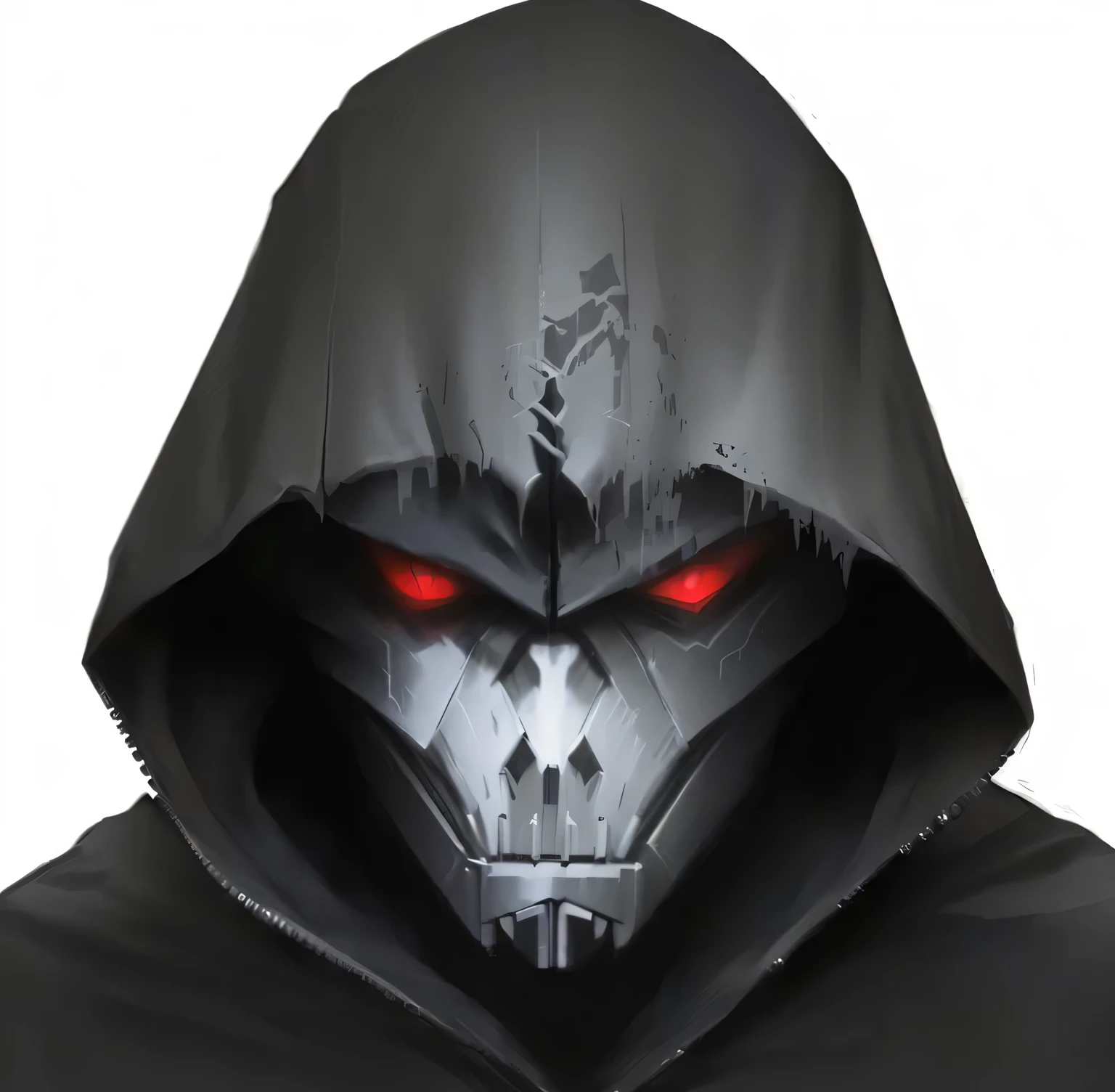 a black hoodedie with a red eyes and a hoodie on, hooded cloaked sith lord, reaper from overwatch, the reaper as a scary, omen from valorant, dark hooded wraith, sith lord, gray anthropomorphic, darksynth character portrait, face of an armored villian, menacing look, wearing sith hood, sith create similar