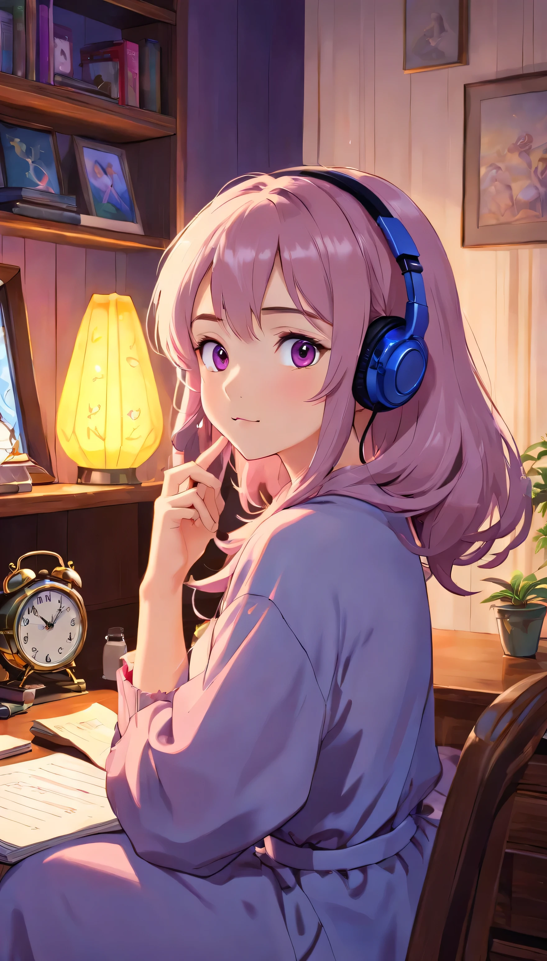 (highest quality,4K,8k,High resolution,masterpiece:1.2),Very detailed,(Realistic,photoRealistic,photo-Realistic:1.37),Beautiful girl studying in the bedroom,Portraiture,Headphones,praise, Purple lighting, owl、Antique alarm clock