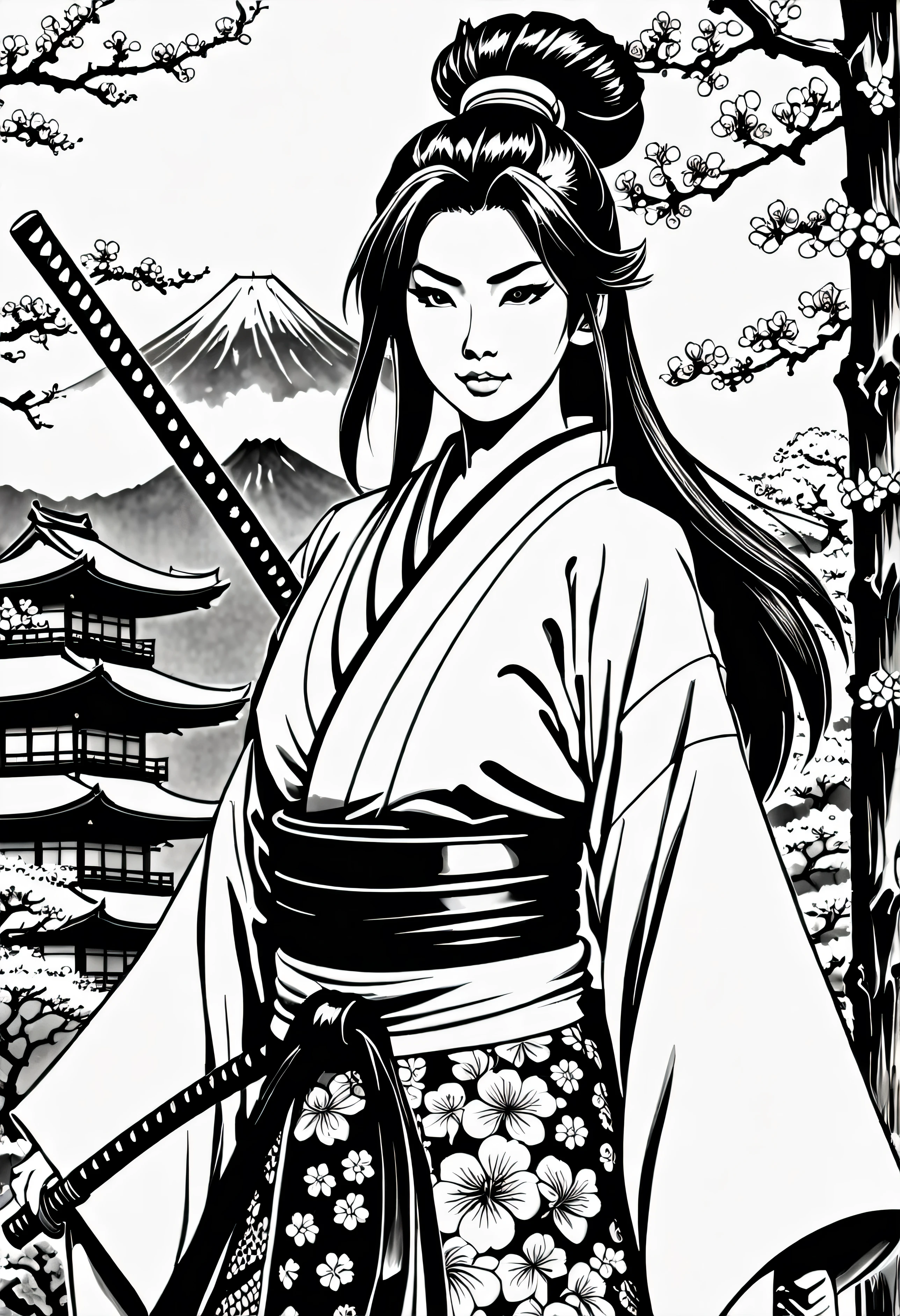 Pau preto colorido, sua arte em tinta fina, comic style, portrait of japan, Samurai and gueixa, japanese couple, Glamour de Osaka, bela arte de linha, black and white comic style, manga style, manga art style, pencil and ink caricature drawing, black and white coloring, cabelo branco, other positions, cabelo branco, cabelo loiro, preto e branco, sem tons de cinza, corpo inteiro. Japan Background, Samurai and gueixa, casal