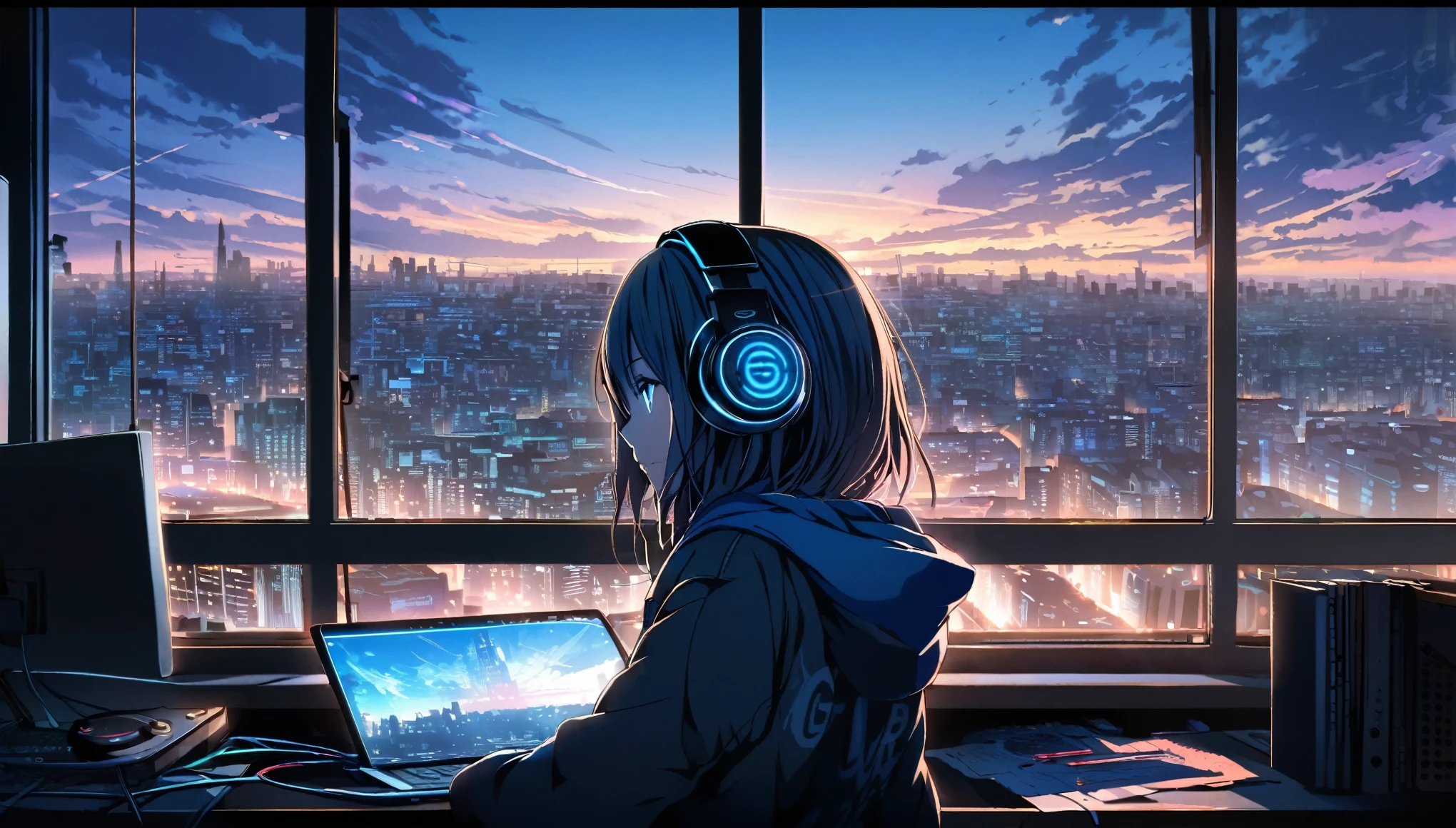  ultra detailed,1 girl, solo,  jacket with hoodie, cool, headphone, RGB lighting headphones, headphones with blue lighting, headphone with cable, blue lighting, desk work, city thought window, early morning, dawn, wallpaper