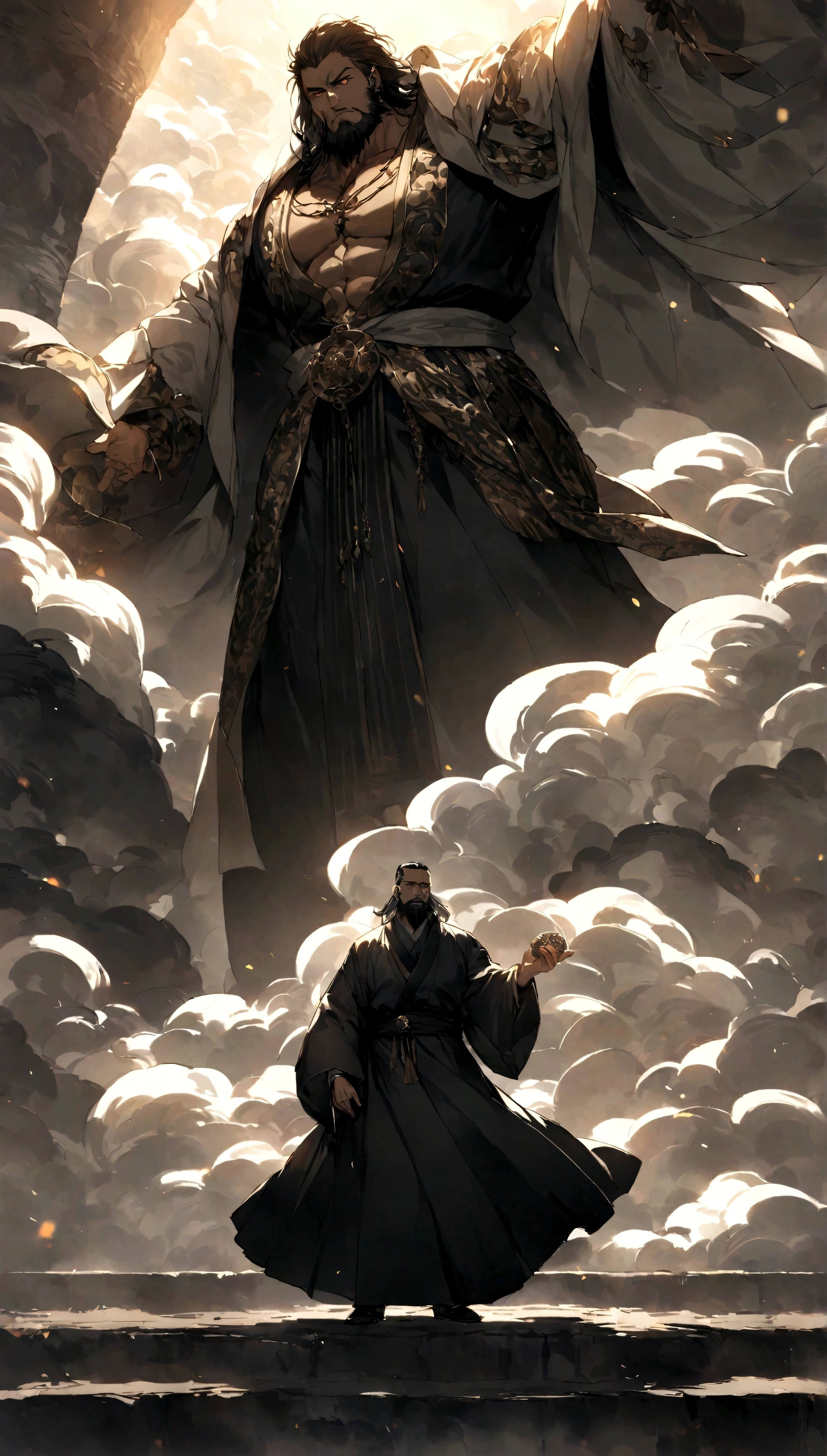 A middle-aged man in a luxurious robe stood on the platform,Bare chest muscles, Holding a huge fan in his hand, Scanning the surroundings with sharp eyes, A bold and generous look,With a long black beard,Surrounded by smoke, Xueer and Nalan Wan'er, Stand next to him, Serious expression. Below the platform is a vast valley, Pleasant scenery under the sun. ,32k, best quality, masterpiece, Super Detail, Jidaimono Anime Style High Detail