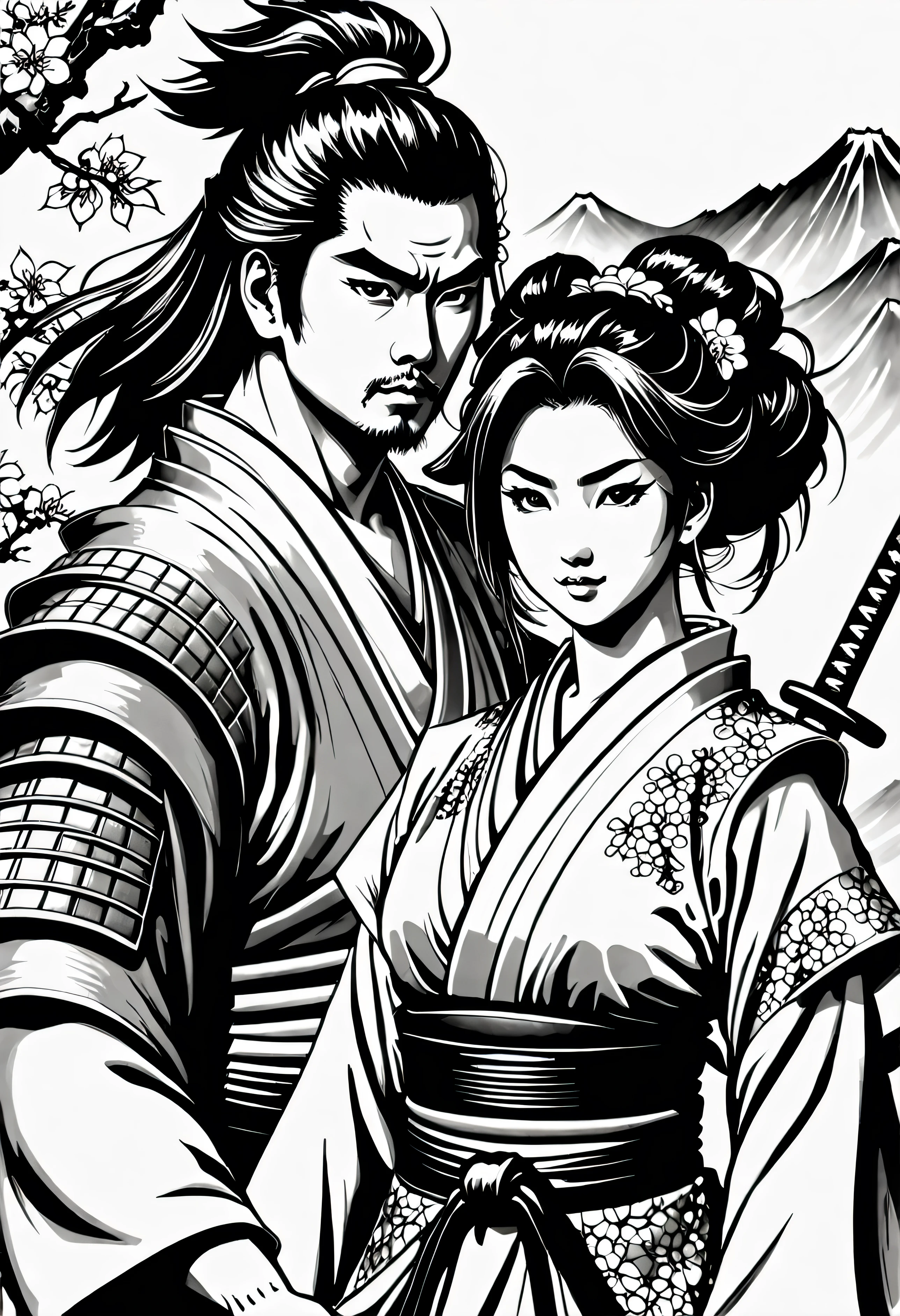 Pau preto colorido, sua arte em tinta fina, comic style, portrait of japan, Samurai and gueixa, japanese couple, Glamour de Osaka, bela arte de linha, black and white comic style, manga style, manga art style, pencil and ink caricature drawing, black and white coloring, cabelo branco, other positions, cabelo branco, cabelo loiro, preto e branco, sem tons de cinza, corpo inteiro. Japan Background, Samurai and gueixa, casal