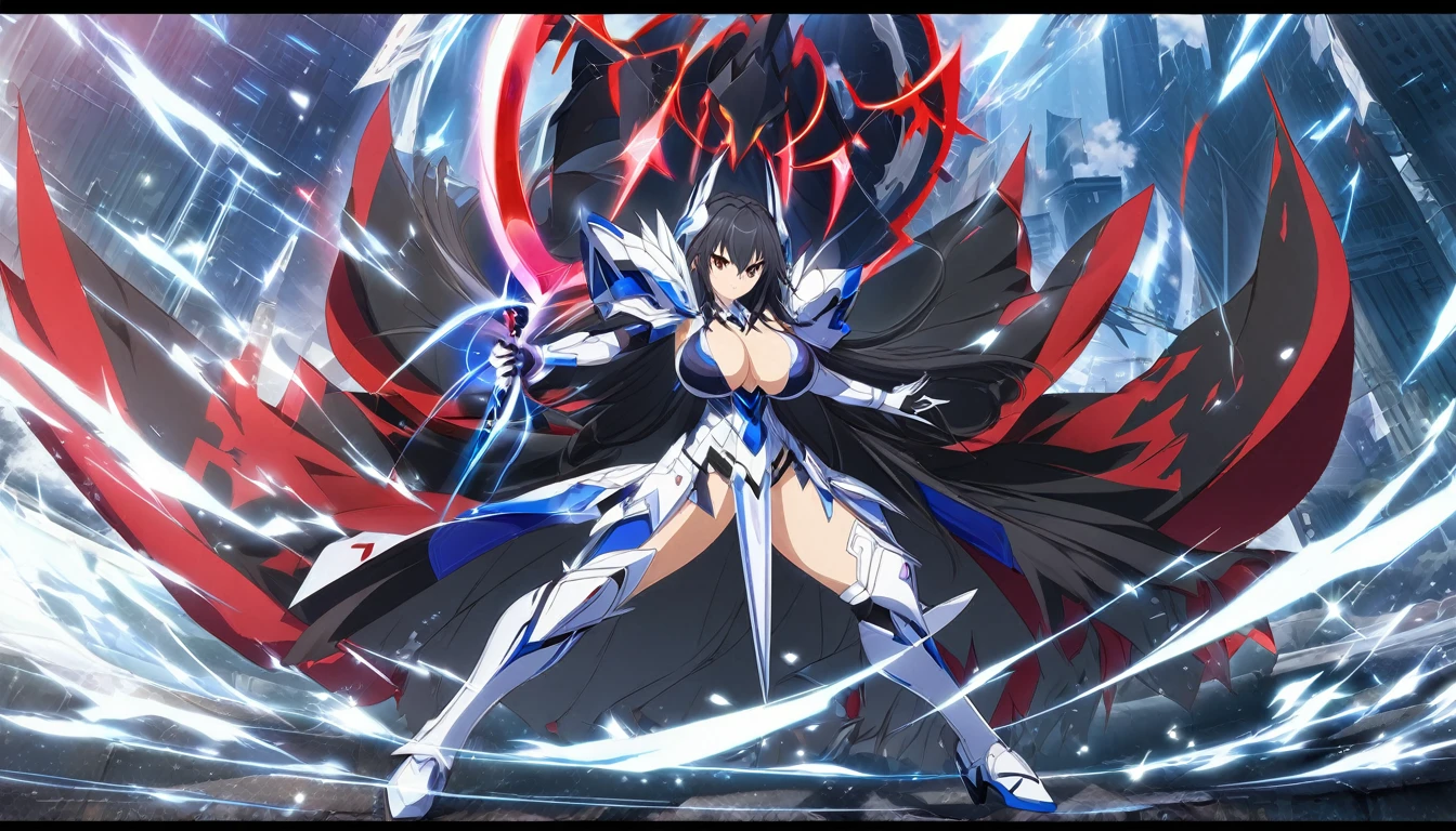 ((anime infinite stratos art, masterpiece, 4k, extreme quality)).
the theme is gothic. the setting is a magical forest, very detailed, full of different animals, it's afternoon. Snow White wearing a IS armor(short-ranged IS, blue and red, snow white based) and wielding long katana(cybernetic and futuristic, one in each hand), short black hair, very large and huge breasts size G or equivallent, she is slightly chubby, fierce bahavior, posing of battle, fullbody.
the atmosphere is cool.