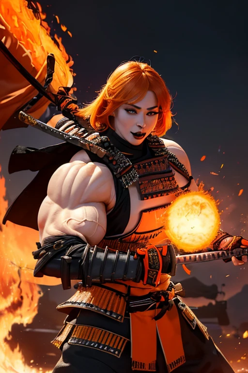 ((((Massive, tall, beautiful, buff, muscular pale white skinned female samurai with orange hair, black lipstick, ginormous bulky muscles, holding a orange fire sword and wearing an all orange samurai armor with pants)))), {close view}, black eyeliner, massive muscles, large breast, massive biceps, hyper muscle triceps, (long shaggy hair), green eyes, samurai boots, In a battlefield, sleeveless, steel samurai armor, nighttime, confident smile, hyper muscles arms, hyper muscle legs, ginormous arms