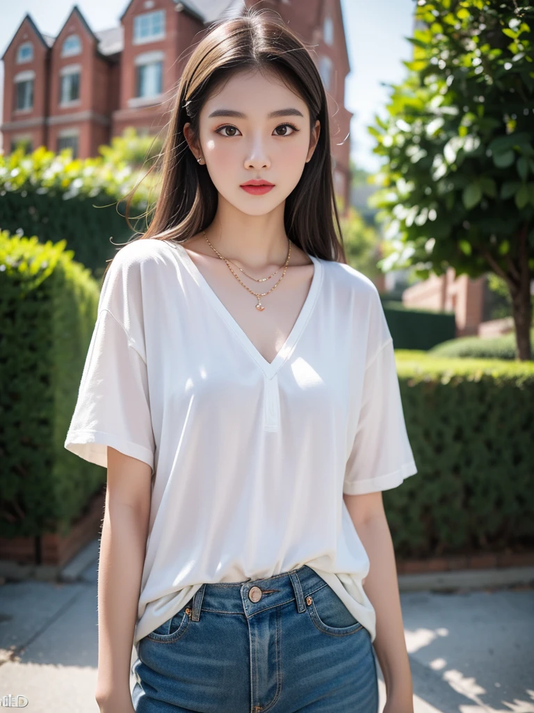 Best Quality, (Intricate Detail: 1.3), Ultra Detail, Fine Detail, Color, Delicate, 8K Ultra HD, (Detailed Skin: 1.2), Ultra High Resolution, Best Quality, Photo, 4K, Low Profile, (Videlism, Photo Fidelity: 1.4),
Young woman, in a mansion, good figure, wearing casual clothes, with a small necklace, full body photo,