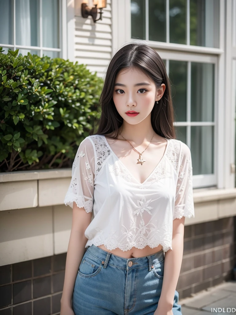 Best Quality, (Intricate Detail: 1.3), Ultra Detail, Fine Detail, Color, Delicate, 8K Ultra HD, (Detailed Skin: 1.2), Ultra High Resolution, Best Quality, Photo, 4K, Low Profile, (Videlism, Photo Fidelity: 1.4),
Young woman, in a mansion, good figure, wearing casual clothes, with a small necklace, full body photo,