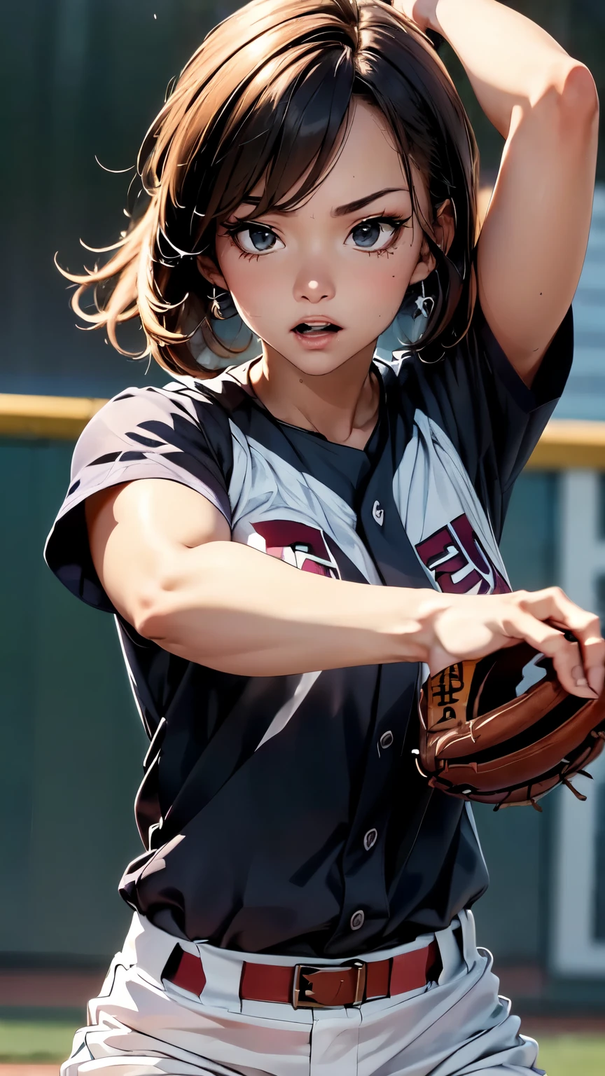 Female baseball player pitcher, pitching form, dramatic scene, anime style