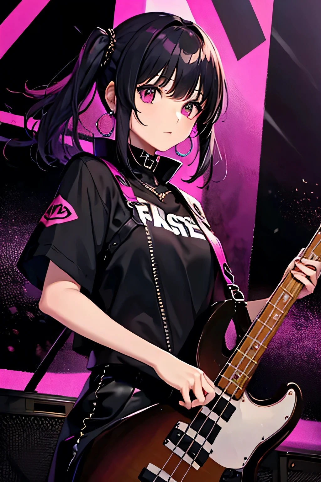 A girl who plays bass in a rock band、black and pink hair color、Revealing clothing、Big earrings、black based background