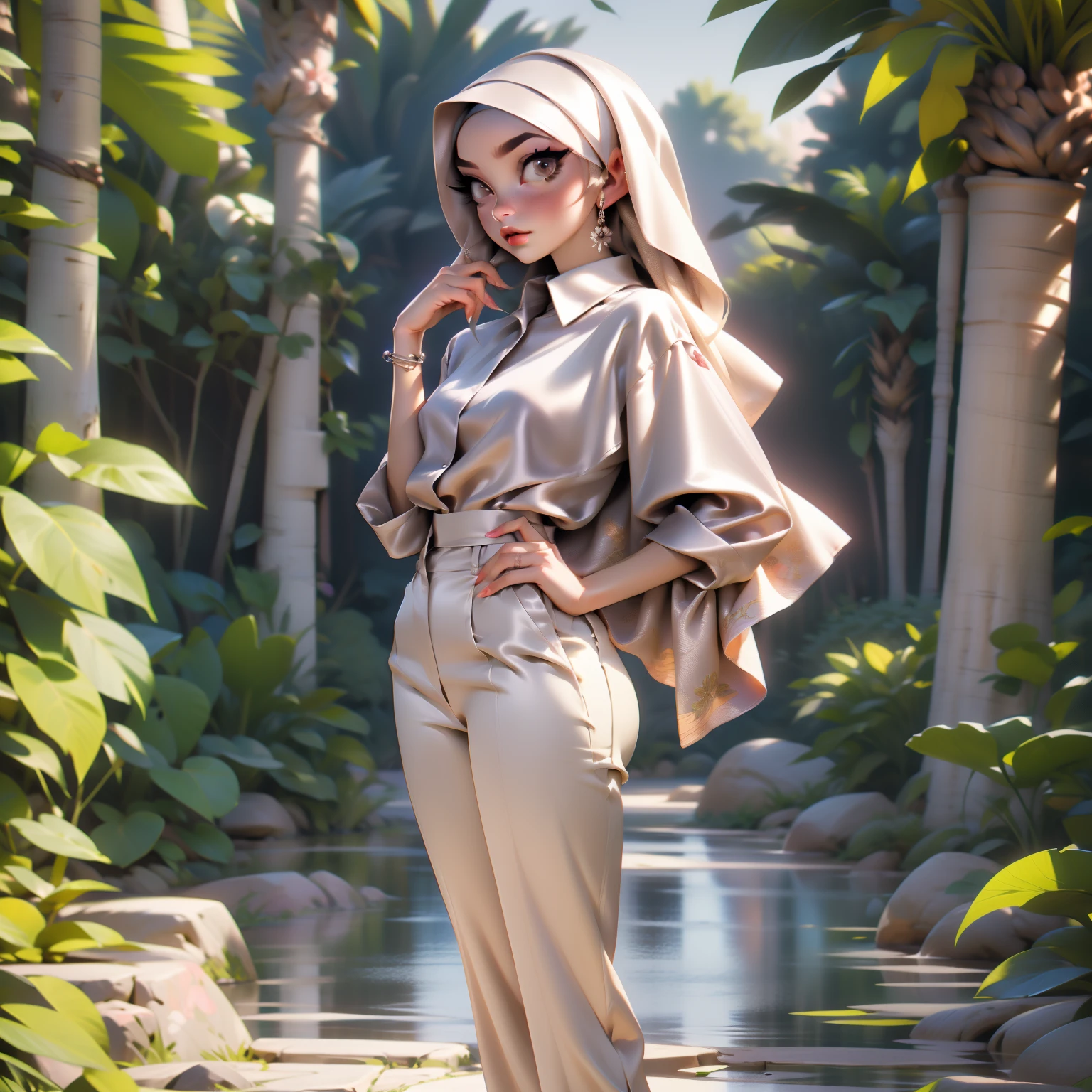 3DMM, ((Masterpiece, best quality, photography)), detailed skin, realistic, photo-realistic, 8k, highly detailed, full length frame, High detail RAW color art, diffused soft lighting, shallow depth of field, sharp focus, hyperrealism, cinematic lighting, hijab, a woman beautifully makeup, bold eyeshadow, beautiful big eyes, Brown eyes, long eye lashes, chubby, wearing ((beige satin hijab), ((gray satin shirt)), ((satin long trousers)), standing, under tree, sakura garden