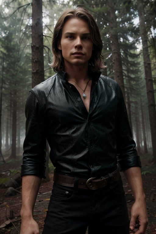 Pogue Parry, Taylor Kitsch, Wolf, 18 years old, short and messy brown blonde hair, green eyes, gray shirt with black collar, black leather belt, silver moon pendant, black jeans background of foggy forest around in black.