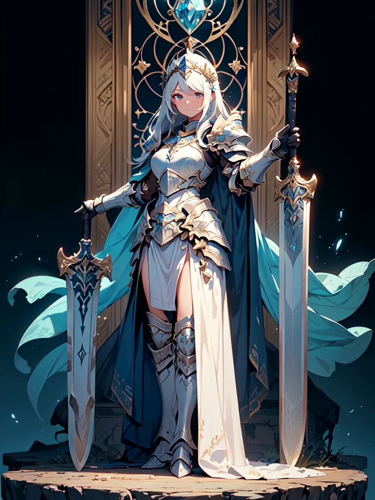 (((masterpiece, best quality, high detailed, 8k))) Design a layout showcase Gaming character, (1girl). valkyrie White|Blue|Gold armor, elegant and majestic. ((showcase weapon:1.4)), celestial sword. (masterpiece:1.2), (best quality), 4k, ultra-detailed. (Step by step design, layout art:1.5), (luminous lighting, atmospheric lighting). divine warrior, ((glove full hands)), (((regal armor:1.3))), shoulder pauldrons, armored boots, (((full_body_shot:1.4))). {In a radiant celestial realm}.