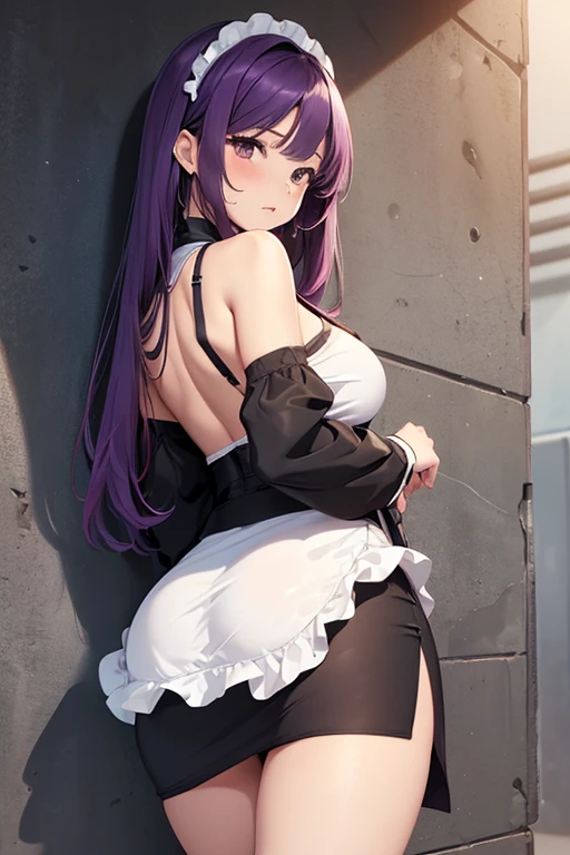 (Girl),(anime),(young),(woman with mature and hot body),(super plump breasts and big ass),[Skin color with super black ton],(African),(brown eyes),(height 1.76 ),(Long purple hair),(and pretty face),(hot body),(In a position with your butt facing forward and leaning against a wall),(wearing),+,(A maid outfit with a short and sexual pencil skirt and a classic black and white shoulder-baring outfit highlight her slender body and her breasts and a super short and sexual skirt and a cleavage Sexual)