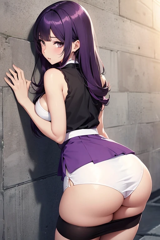 (Girl),(anime),(young),(woman with mature and hot body),(super plump breasts and big ass),[Skin color with super black ton],(African),(brown eyes),(height 1.76 ),(Long purple hair),(and pretty face),(hot body),(In a position with your butt facing forward and leaning against a wall),(wearing),+,(A maid outfit with a short and sexual pencil skirt and a classic black and white shoulder-baring outfit highlight her slender body and her breasts and a super short and sexual skirt and a cleavage Sexual)