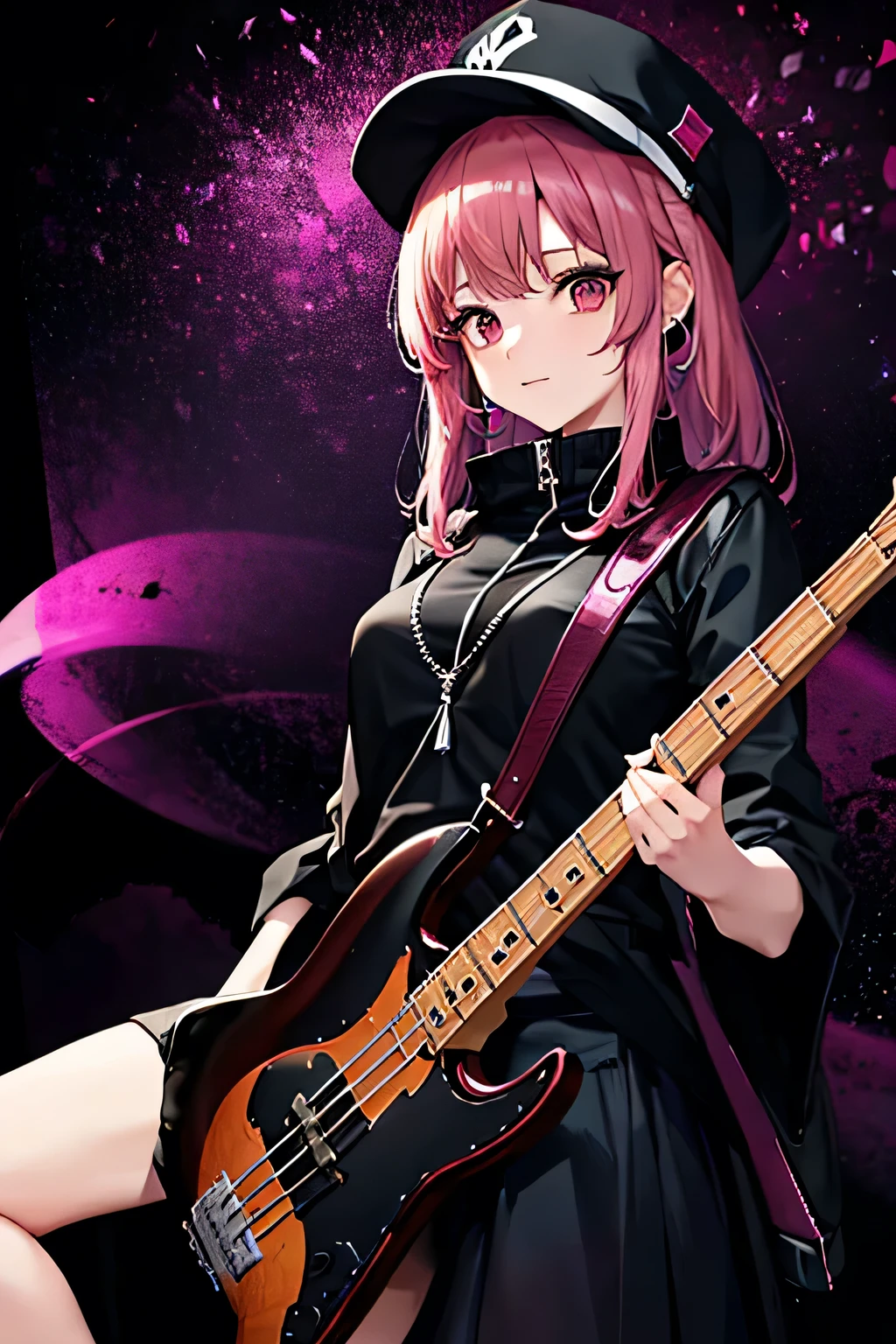 A girl who plays bass in a rock band、black and pink hair color、Revealing clothing、Big earrings、black based background