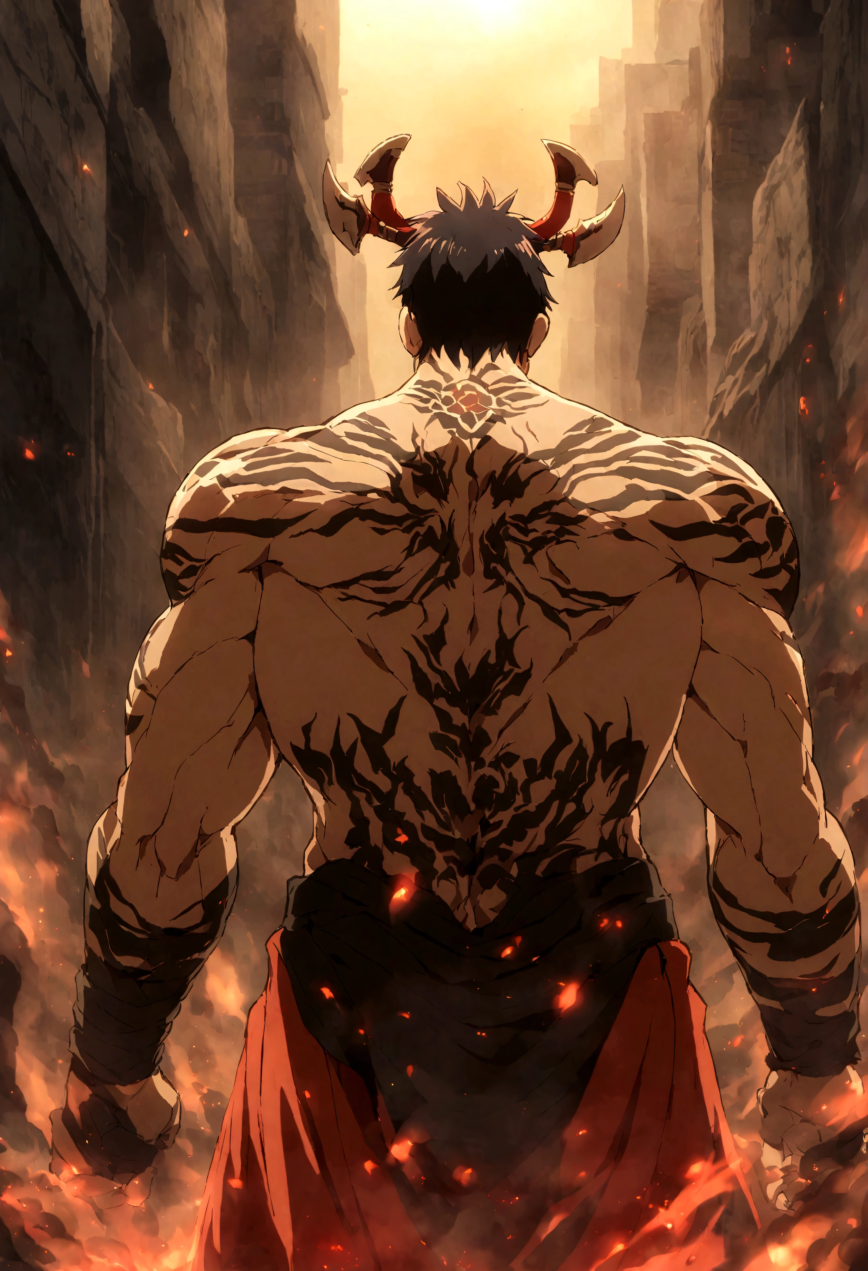 Upper Body，Giant，Behind the Scenes，Strong muscles，Back tattoo，(Double axe tattoo)，Huge walls，The End of the World，end of the world，Japanese anime style