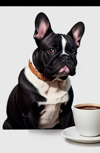 a cup of coffee with a french bulldog dog with white background and the word coffee cartoon style
