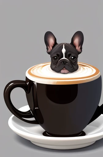 a cup of coffee with a french bulldog dog with white background and the word coffee cartoon style