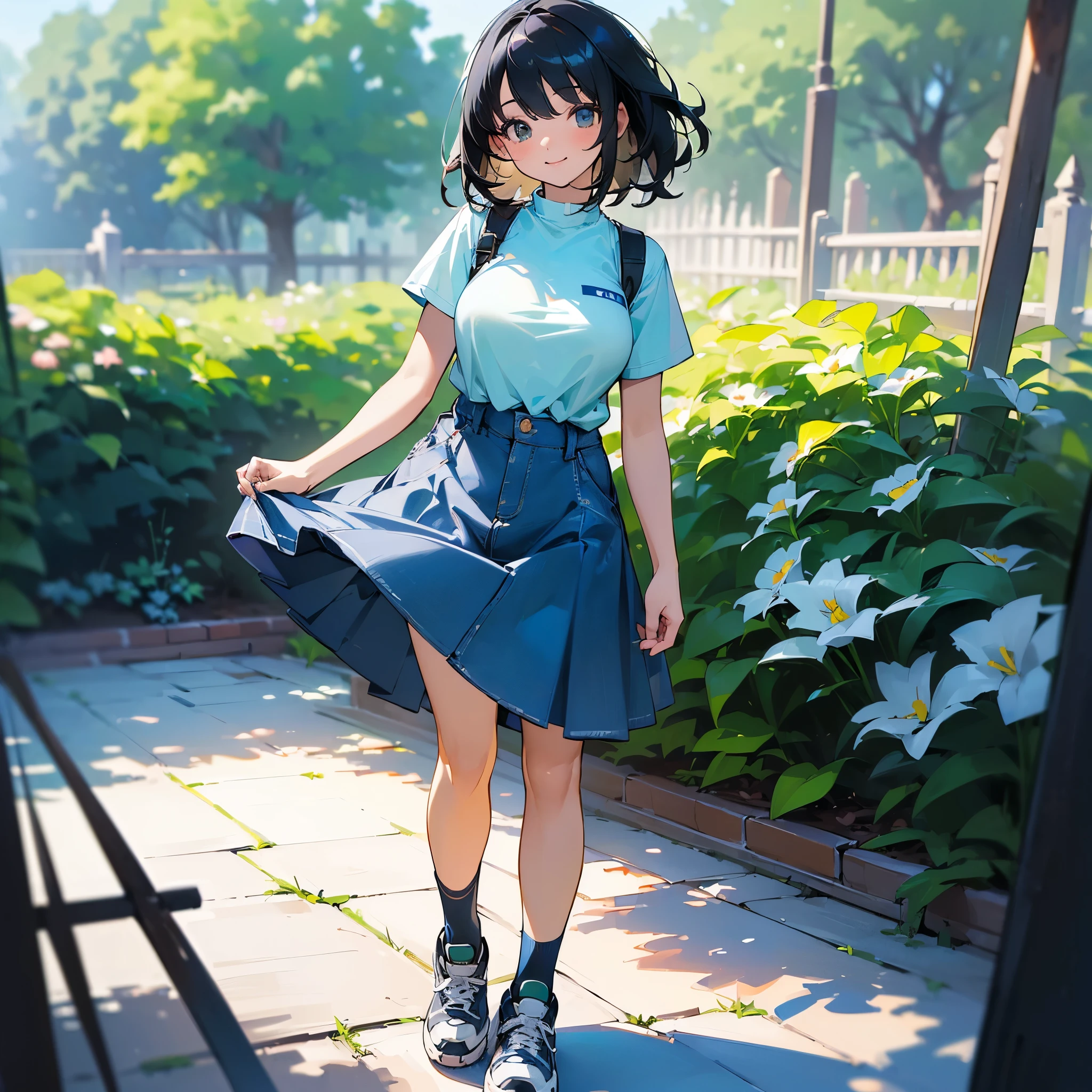 (high quality, High resolution, Very detailed, reality:1.37), Peaceful atmosphere, (Outdoor, garden), age girl standing alone, (my breasts are big.), Beautiful details, Cute Smile, (Black bob hair), camisole, Denim skirt, Black tights, sneakers.