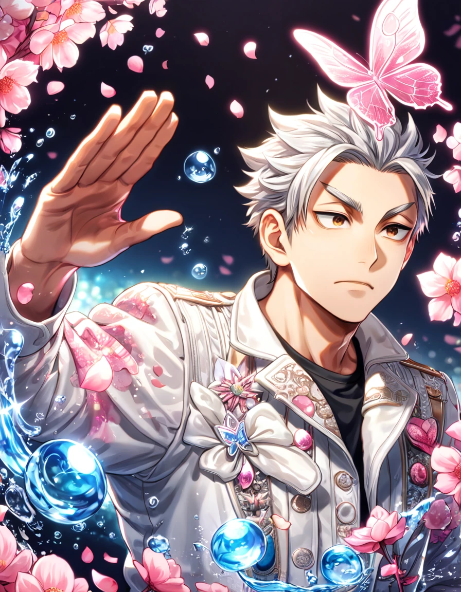 absurdres, highres, ultra detailed, HDR, master piece, best quality, Bokuto Kotaro, white hair with black streaks, expressive brown eyes, Haikyuu, man, solo, handsome, white coat, black T-shirt shirt, magical, fantasy, shining, water, pink flowers, pink blossoms, pink butterflies, pink petals