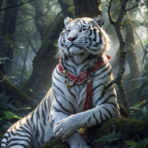 Standing in the forest、Hair flow、 ((highest quality、masterpiece、8k、Best image quality、Ultra-high resolution、Award-winning works)、(Accurate anatomy:1.1)、(Look at me and smile:1.1)、Shining fair skin with Ultra-high resolution、The most detailed face、Ultra-high resolution detailed face、Ultra-high resolutionのblond hair、(Ultra-high resolution eye:1.1)、Beautiful face drawn in every detail、Traditional Russian costume , Chest to chest, Strange atmosphere, Next to him stands a real white tiger, Dark Light, in the forest , Heavy makeup