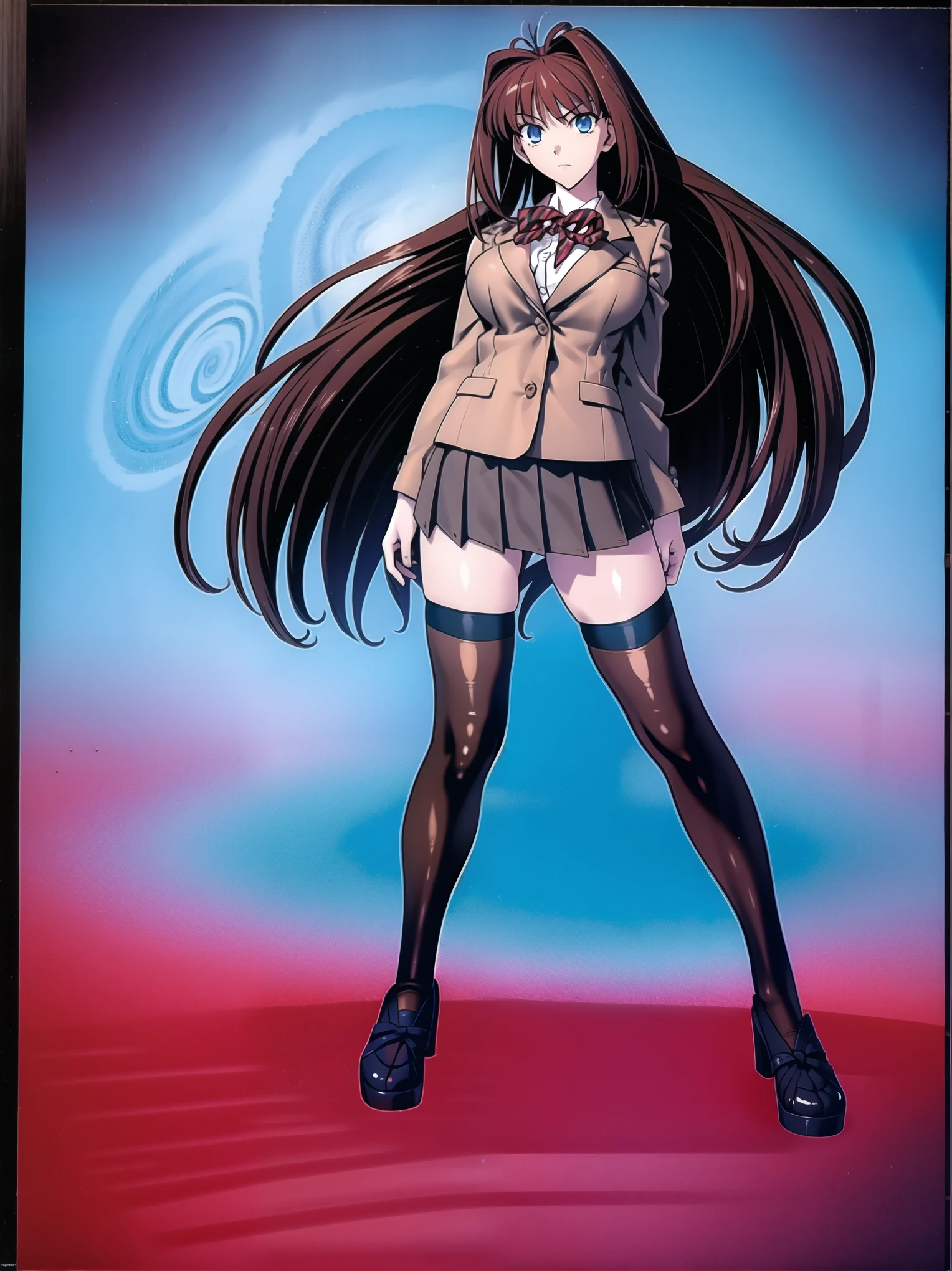 BREAK, centered. BREAK, (EMPTY BACKGROUND), BREAK, (masterpiece), best quality, high resolution, 8k, illustration, (beautiful detailed eyes:1.5), extremely detailed face, extremely detailed body, CG, perfect hands, perfect anatomy, (((1girl))), ((solo)), (((bbaoko))), ((2 legs max)), ((2 feet max:1.6)), ((swirling vortex shaped longest brown hair:1.5)), (brown longest hair with slightly reddish undertone:1.6), (lush luscious longest brown hair:1.6), (very long voluminous longest brown hair:1.5), serious, blue eyes, red bowtie, (Form-fitting beige blazer:1.5), brown jacket, (highly detailed beautiful face:1.2), (white shirt:1), (well shaped large breasts:1.6), (nice hips:1), (((Umber pleated thigh-high skirt:1.6))), (((black bike shorts:1.4))), (toned thighs:1.6), (jetblack thighhighs:1.6), (strap shoes brown color), (facing front:1.5), ((standing straight:1.5)), ((Fullbody in frame:1.6)), ((Full body:1.5)), ((takeuchi takashi:1.3))

