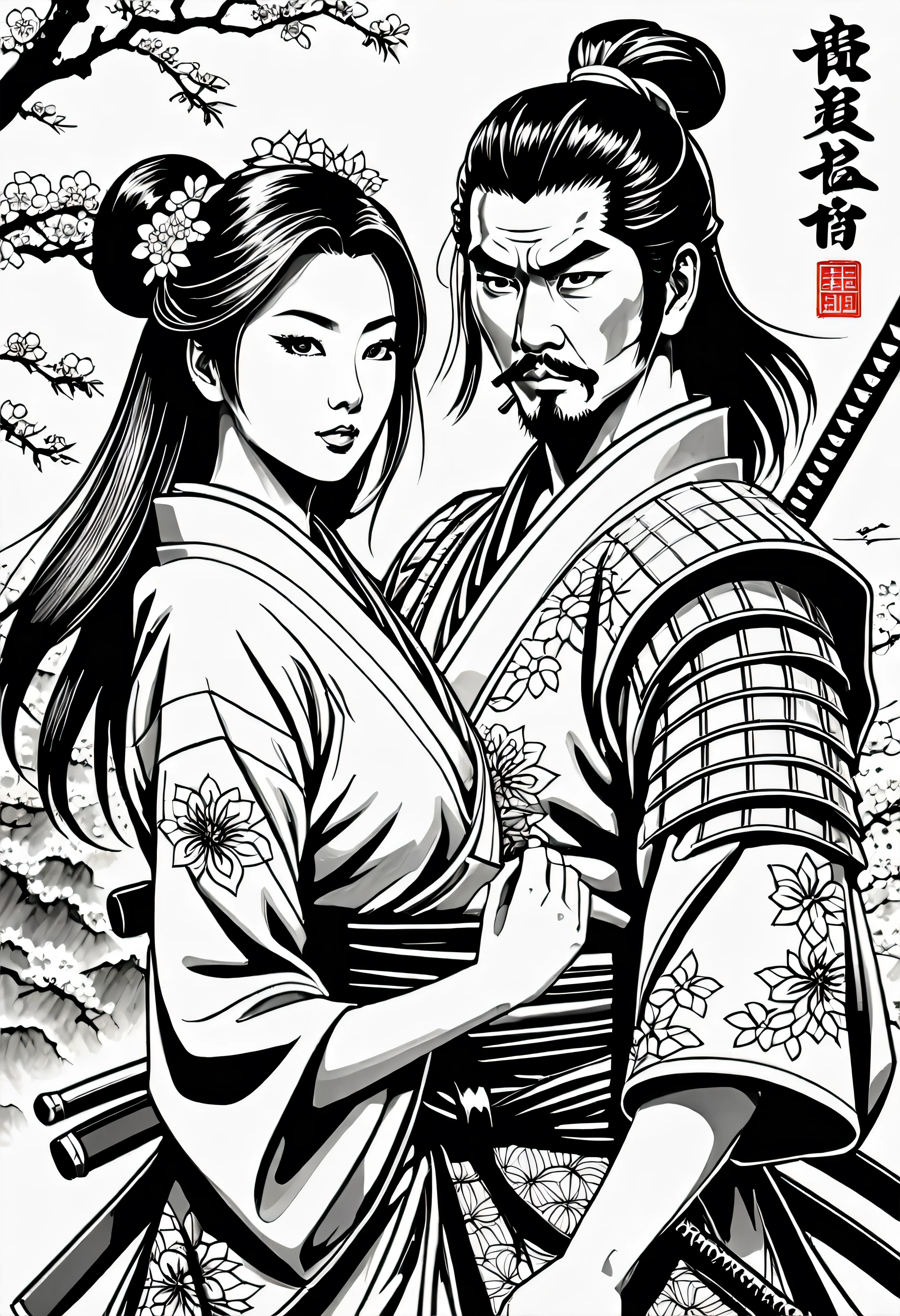 arte em tinta fina, comic style, portrait of japan, Samurai and gueixa, japanese couple, Glamour de Osaka, bela arte de linha, black and white comic style, manga style, manga art style, pencil and ink caricature drawing, coloring, , other positions, corpo inteiro. Japan Background, Samurai and gueixa, casal, desenho colorido