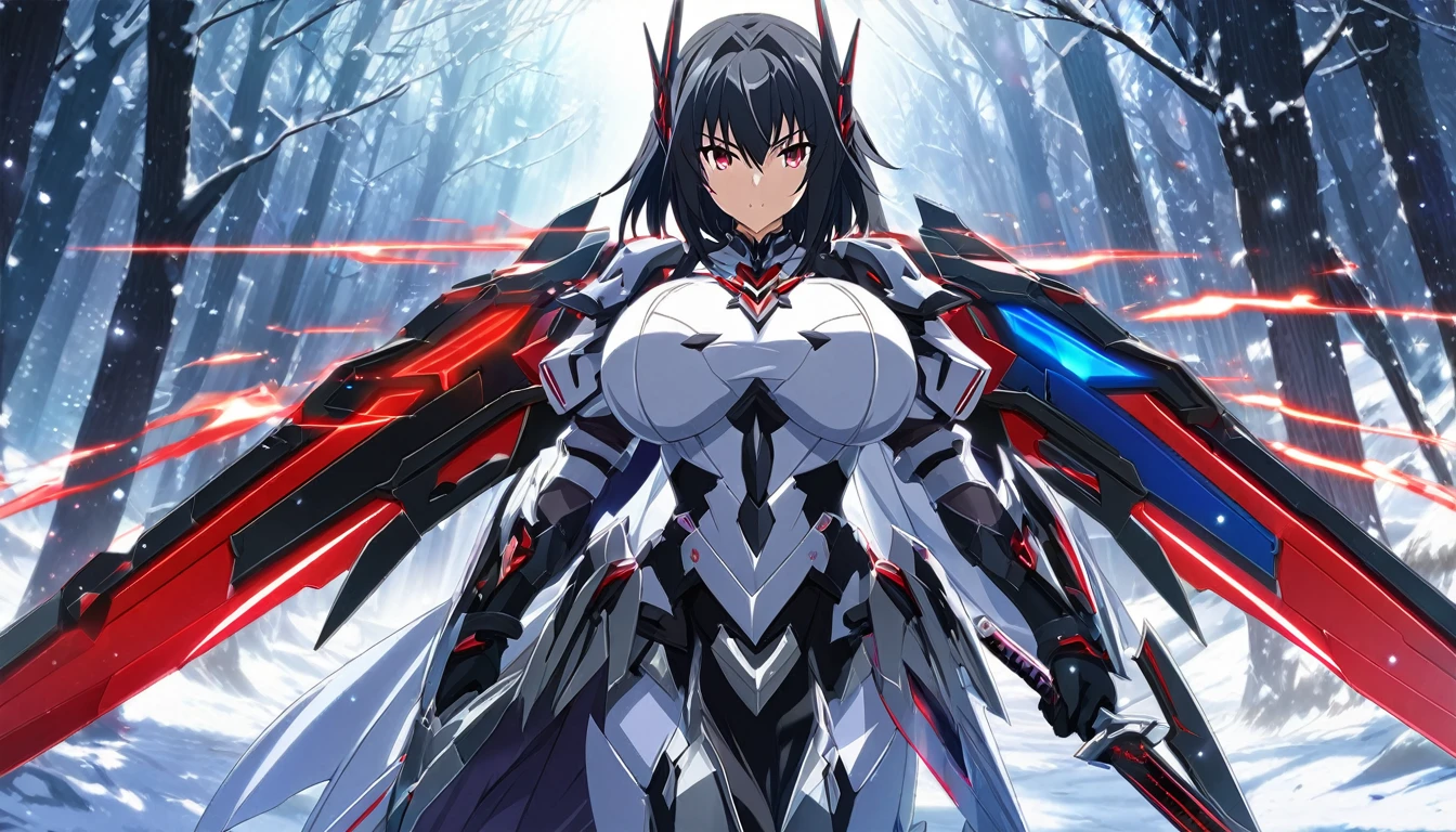 ((anime infinite stratos art, masterpiece, 4k, extreme quality)).
the theme is gothic. the setting is a magical forest, very detailed, full of different animals, it's afternoon. Snow White wearing a IS armor(short-ranged IS, blue and red, snow white based) and wielding long katana(cybernetic and futuristic, one in each hand), short black hair, very large and huge breasts H size or equivallent(her breasts are amazing), she is slightly chubby, fierce bahavior, posing of battle, fullbody.
the atmosphere is cool.