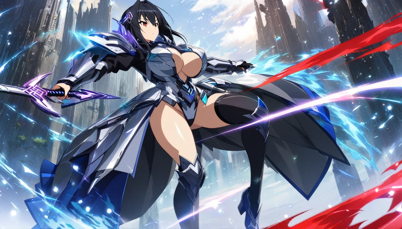 ((anime infinite stratos art, masterpiece, 4k, extreme quality)). 
the theme is gothic. the setting is a magical forest, very detailed, full of different animals, it's afternoon. Snow White wearing a IS armor(short-ranged IS, blue and red, snow white based) and wielding long katana(cybernetic and futuristic, one in each hand), short black hair, very large and huge breasts H size or equivallent(her breasts are amazing), she is slightly chubby, fierce bahavior, posing of battle, fullbody.
the atmosphere is cool.