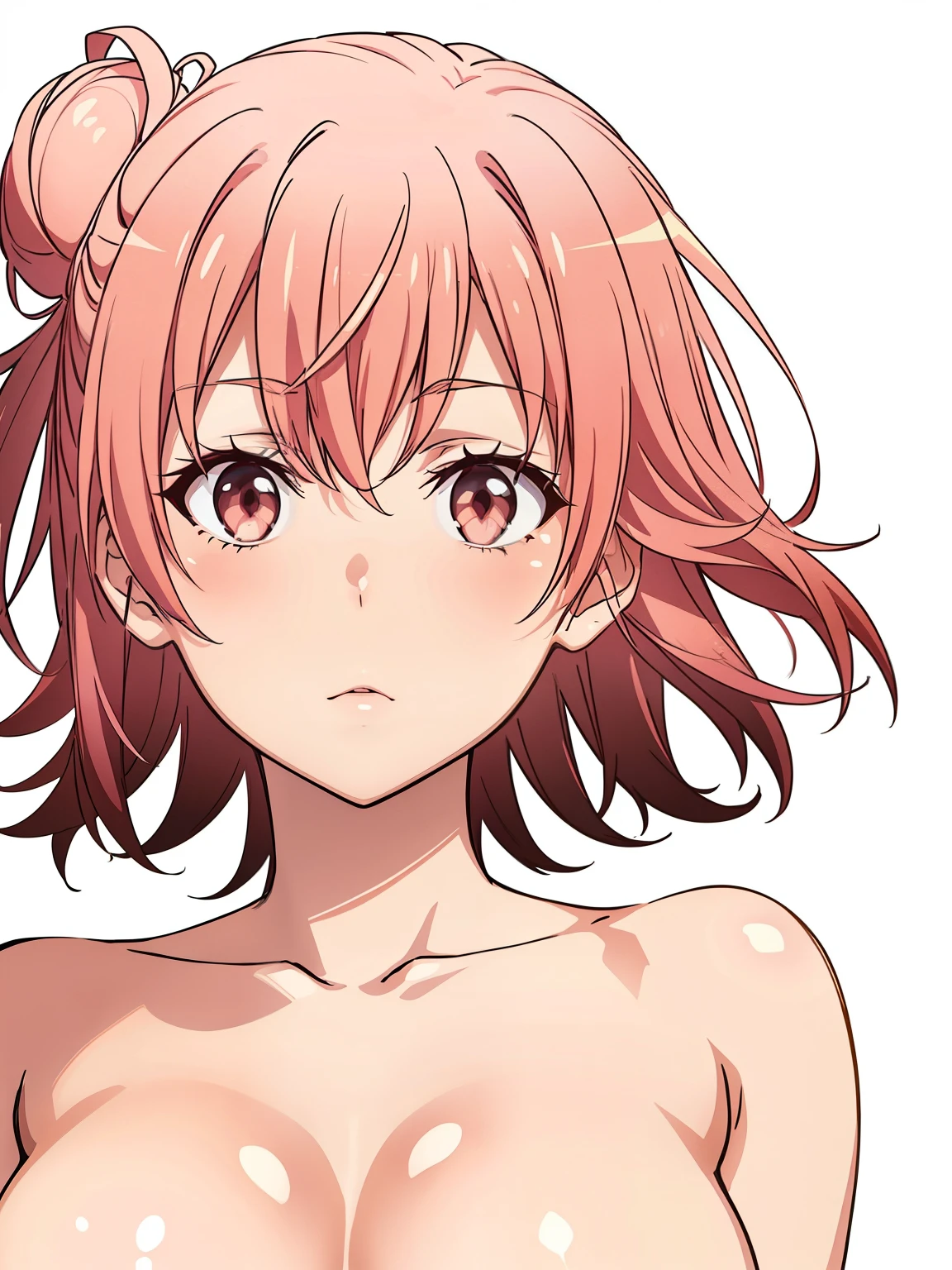 ((masutepiece, Best Quality, hight resolution, nffsw, Perfect Pixel, depth of fields, 4K, )), 1girl in, Solo, , Beautiful anime girl, Beautiful Art Style, close up, Looking at Viewer, Perfect body, Yuigahama Yui, Short hair, pink hair, hairbun, (large boob), blowing a kiss, blank white background, cowboy shot