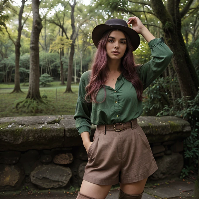 melhor qualidade, (Obra de arte:1.2), illustration, absurdos, (1 garota, Sozinho),( Ashley Greene), (Linda garota detalhada),, Aeolian, lilac hair, cabelo longo, olhos vermelhos, medium breasts,, feliz, alegre,, green hat, hat with feather decoration, vestido verde, casaco verde, (fantasia:1.1) (medieval:1.1) roupa, (preto_pantyhose:1.1), camisa branca, shorts marrons, wool lined boots, botas marrons,, magic forest, flores, anel de fada, ancient ruins, stone ruins, lago, sky, nuvens