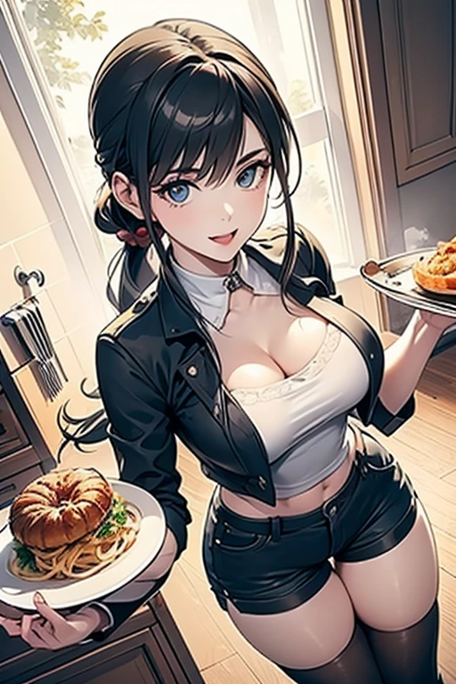 (dynamic angle:1.3, front view:1.1, breast focus:1.3, from above:1.1), (dynamic posing:1.2, sexy posing:1.2), (seductive smiling:1.3), ((holding Pasta on a plate,Taking the pasta out of the pan, worried about the outcome:1.2)),highest quality、(real、photorealistic:1.4),(ultra high resolution, 8K RAW photo, clear focus), best qualtiy, natural lighting, field depth, (Bright pupils, detailed beautiful eyes, high detailed face), Red lip, (tight focus:1.2), a girl 22yo old, Wearing a pastry chef uniform:1.3 , Thicc, thin breast, long hair, blue eyes,garter stocking, cleavage:1.2, midriff, black shorts, black thighhighs, thigh strap, pretty girl, (highly detailed beautiful face and eyes,firm breasts),real skin,((black,hair,long pony tail hair)),thin pubic hair,cute,lovely, detailed eyes,(double breasted:1.0,under bust:1.0),(with sparkling eyes and a contagious smile),open mouth, Looking at Viewer,A scene of make cooking Carbonara Pasta  in the kitchen
